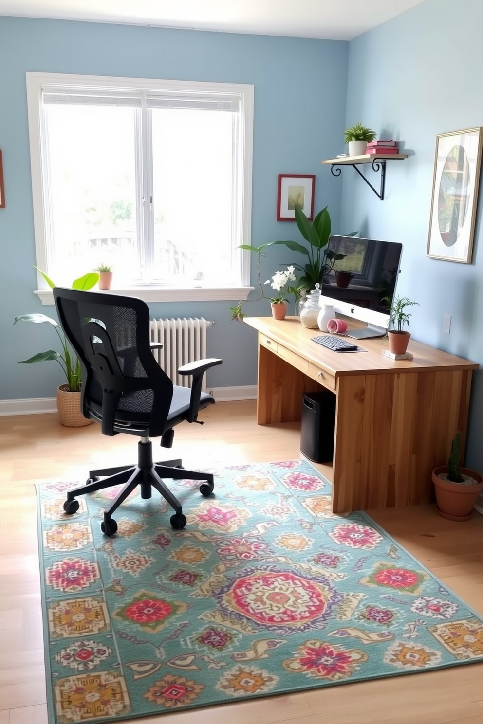 A bright and airy summer home office features a large wooden desk positioned near a window that lets in natural light. The walls are painted in a soft blue hue, complementing the light wood flooring. A comfortable ergonomic chair sits at the desk, adorned with a colorful throw pillow. A vibrant area rug adds warmth and texture to the space, while potted plants bring a touch of nature indoors.