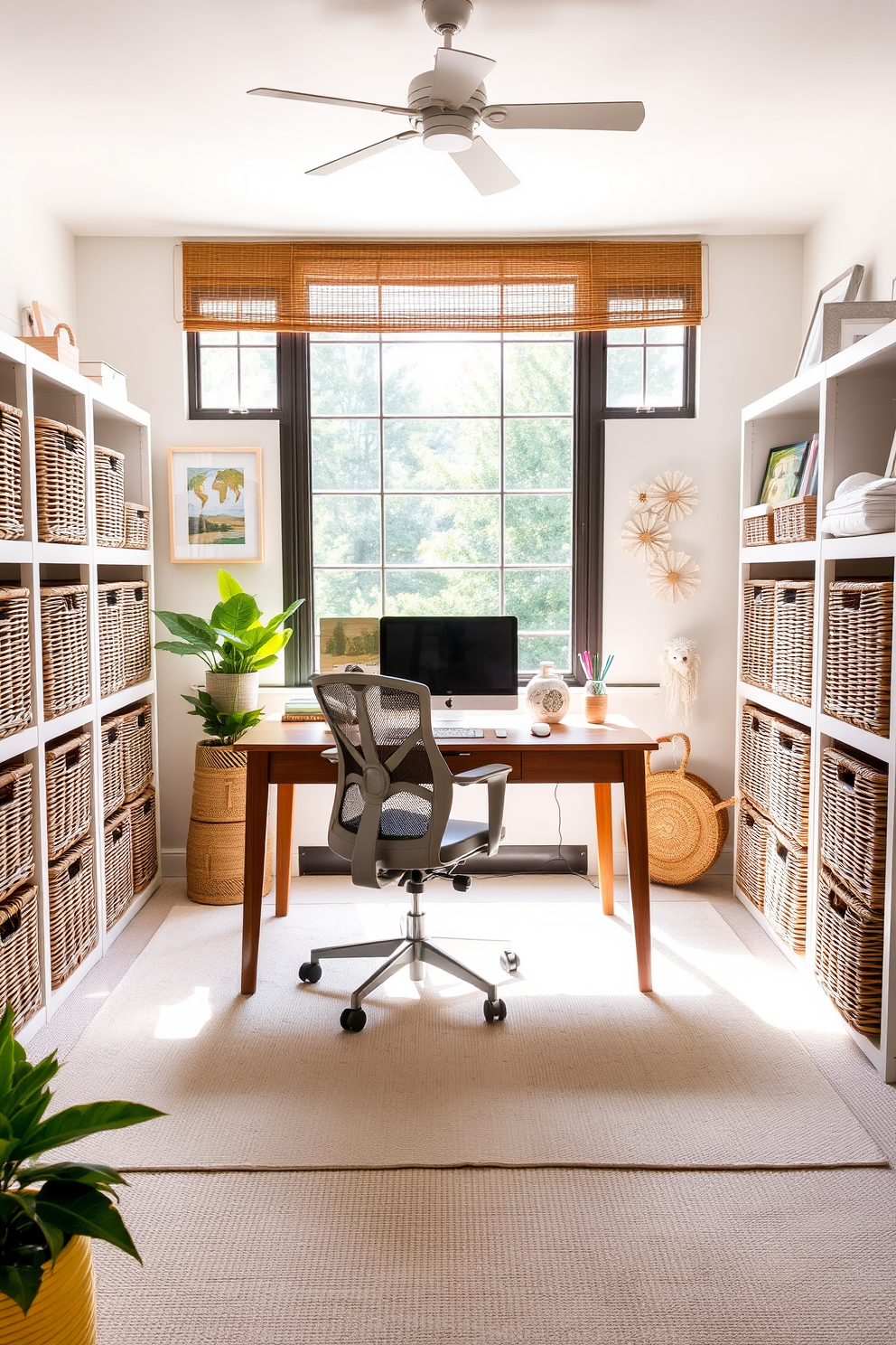 A bright and airy summer home office featuring a large window that lets in natural light. The space is adorned with wicker baskets for organization, providing a stylish and functional storage solution. A sleek wooden desk sits in the center, complemented by a comfortable ergonomic chair. Soft pastel colors on the walls and decor create a calming atmosphere ideal for productivity.