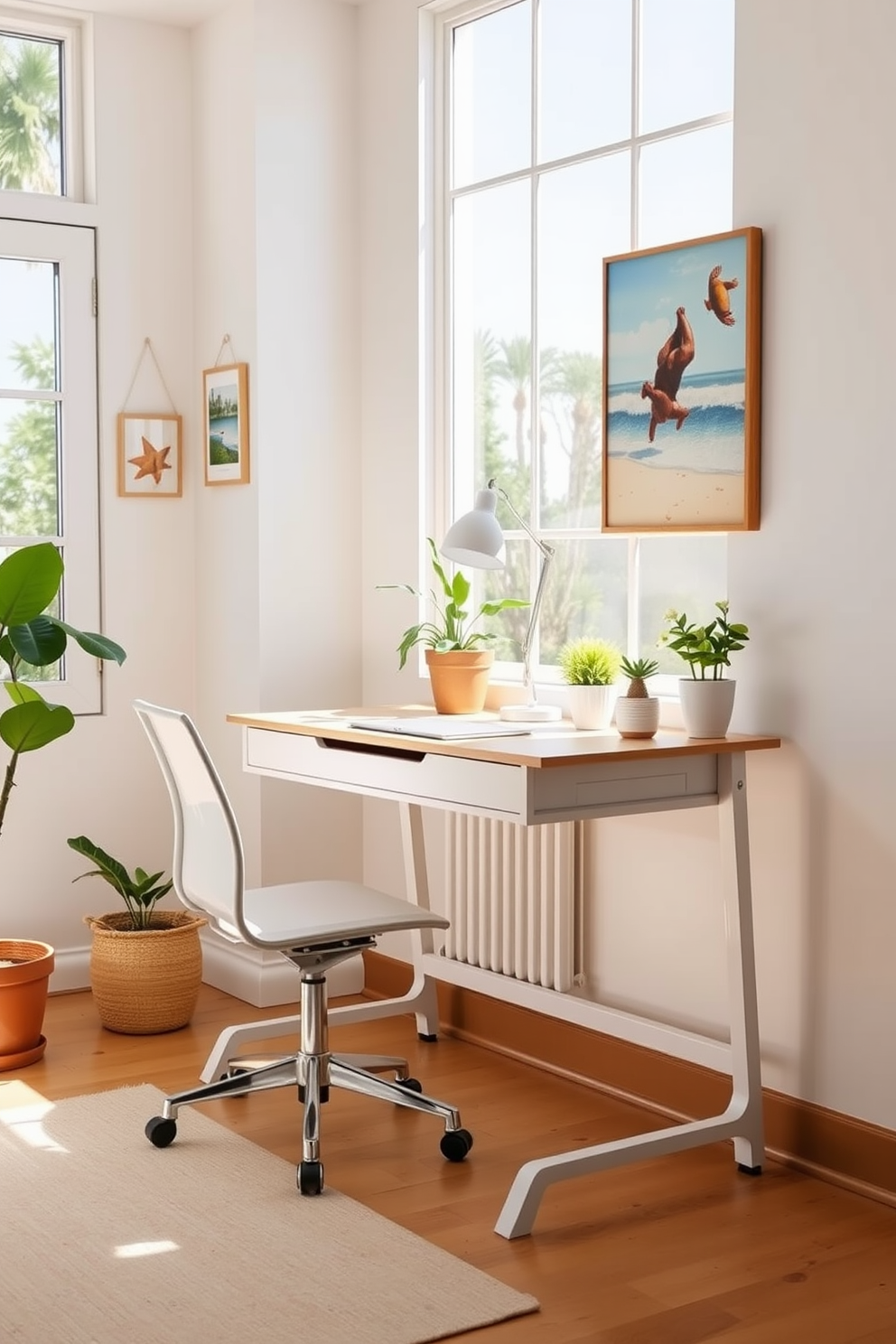 A lightweight desk with a sleek design is positioned in a bright and airy room, allowing for easy mobility and flexibility. The desk is paired with a comfortable chair that complements the summer theme, creating an inviting workspace filled with natural light. The walls are adorned with cheerful artwork that reflects a coastal vibe, while potted plants add a touch of greenery to the decor. A stylish lamp sits on the desk, providing ample lighting for productive work sessions during sunny afternoons.