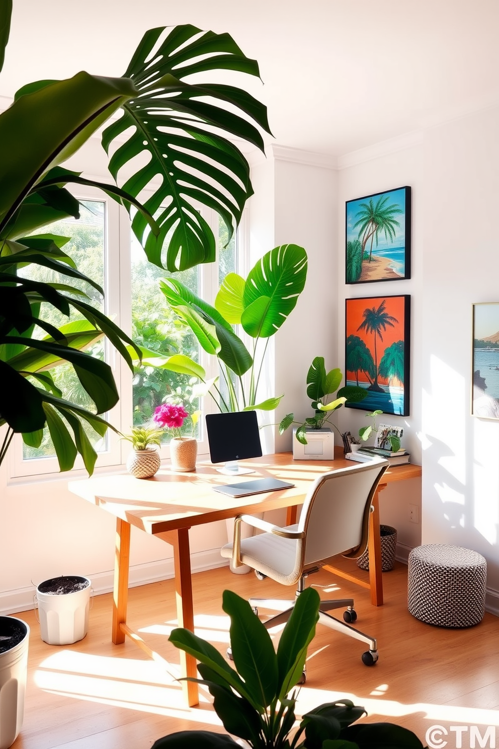 A bright and airy home office filled with natural light. The space features a large wooden desk positioned near a window, surrounded by vibrant tropical plants that add a touch of freshness and vitality. The walls are painted in a soft white hue, creating a clean and inviting atmosphere. A comfortable chair complements the desk, and colorful artwork inspired by tropical landscapes adorns the walls.