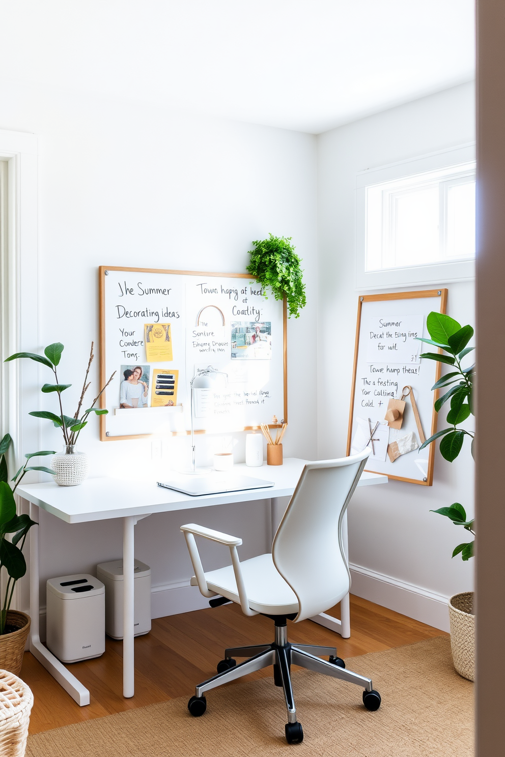 A bright and airy home office space featuring a large whiteboard mounted on the wall for planning Summer decorating ideas. The room is filled with natural light from a nearby window, and the desk is styled with minimalist decor and a comfortable ergonomic chair.