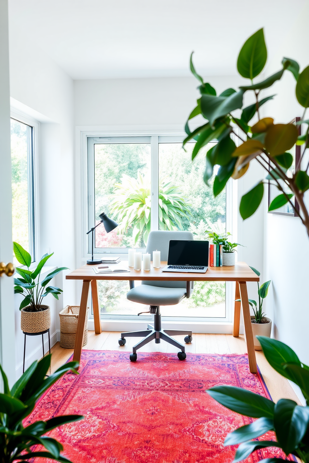 A bright and airy home office filled with natural light. The walls are painted in a soft pastel hue, and a large window offers a view of a lush garden outside. A sleek wooden desk sits in the center, adorned with a stylish laptop and a few decorative books. A comfortable ergonomic chair complements the desk, while a vibrant area rug adds warmth to the space. On the desk, neatly arranged scented candles create a fresh and inviting atmosphere. Potted plants in the corners bring a touch of nature indoors, enhancing the overall serenity of the room.