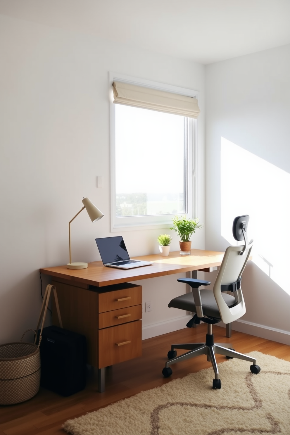 A bright and airy workspace filled with natural light. The room features a large window that allows sunlight to flood in, illuminating a sleek wooden desk paired with a comfortable ergonomic chair. On the desk, a laptop sits alongside a small potted plant and a stylish desk lamp. The walls are painted in a soft white hue, and a cozy area rug anchors the space, adding warmth and texture.