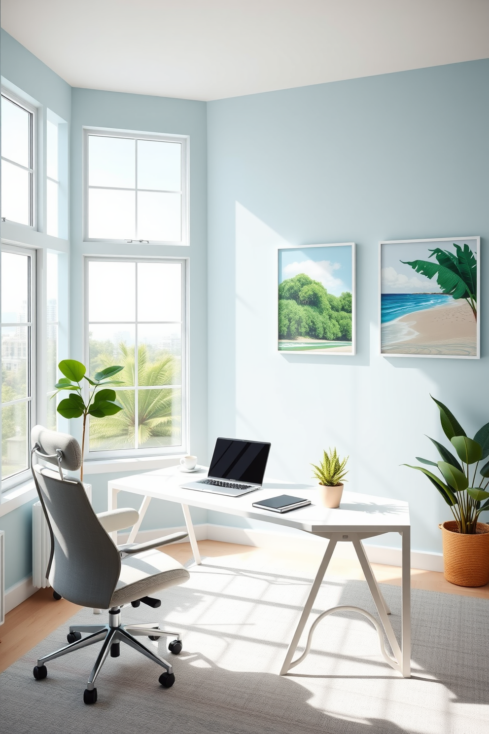 A bright and airy home office with large windows allowing natural light to flood the space. The walls are painted in a soft sky blue, and a sleek white desk is positioned in front of the windows, adorned with a stylish laptop and a potted plant. To the left of the desk, a comfortable ergonomic chair in a light gray fabric complements the decor. Above the desk, outdoor-themed artwork featuring lush green landscapes and serene beach scenes adds inspiration and a touch of tranquility to the room.