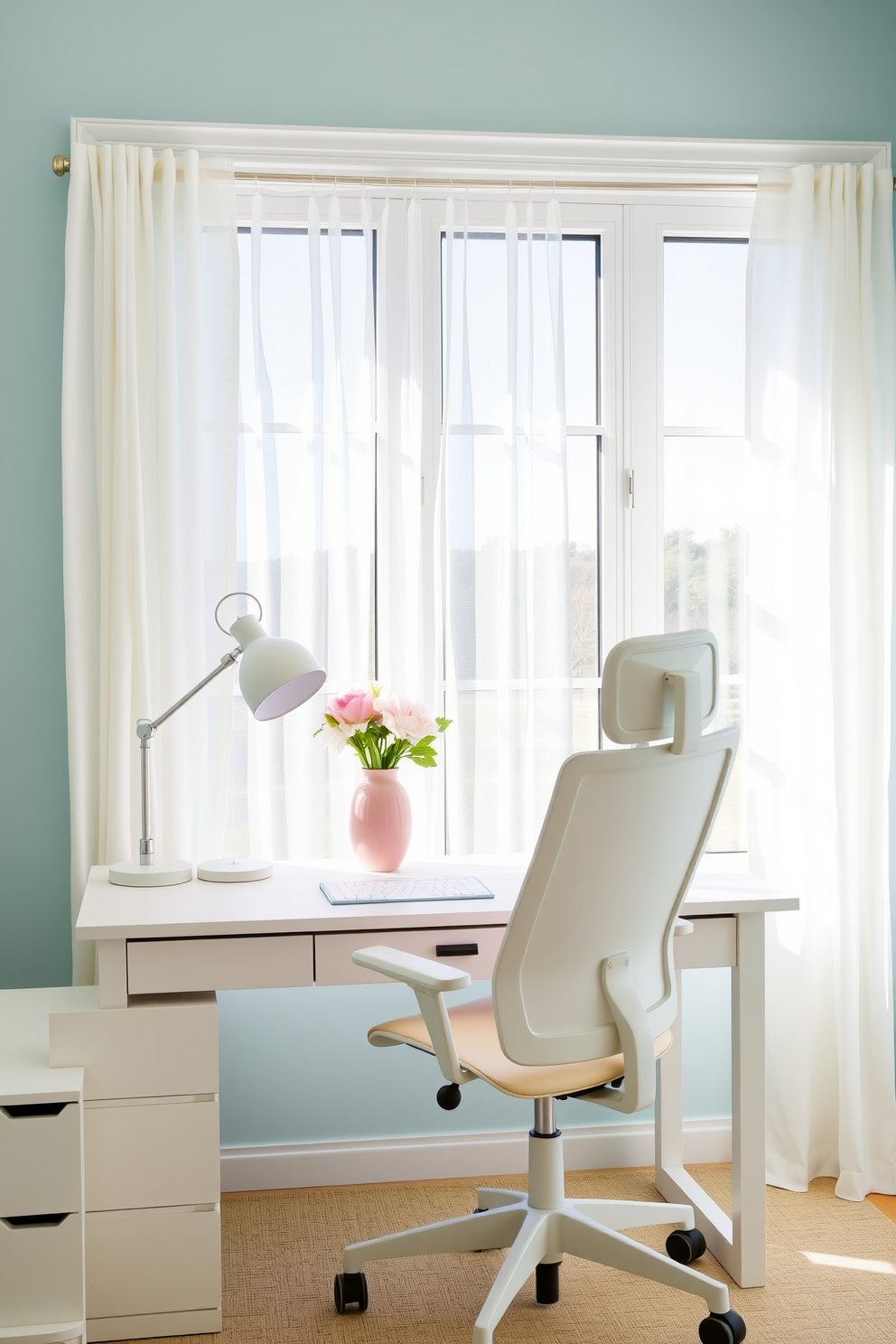 A serene summer home office space filled with natural light. The walls are painted in a soft pastel blue, complemented by a white wooden desk with clean lines and a comfortable ergonomic chair. A large window features sheer white curtains that gently diffuse the sunlight. On the desk, a pastel pink vase holds fresh flowers, and a stylish lamp adds a modern touch to the design.