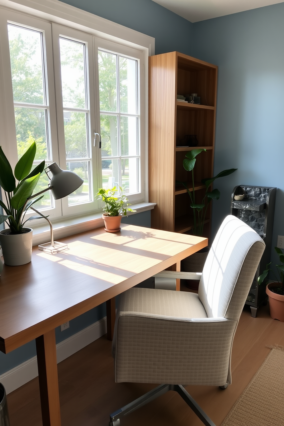 A serene summer home office setting. A sleek wooden desk faces a large window that lets in natural light, with a comfortable chair upholstered in light fabric. To the side of the desk, there's a small water feature that gently bubbles, creating a calming atmosphere. The walls are painted in a soft blue hue, and a few potted plants add a touch of greenery to the space.