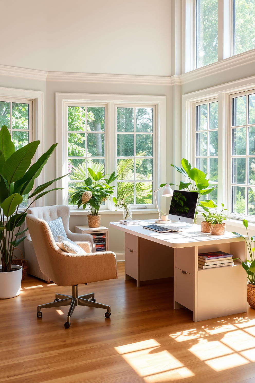 A bright and airy summer home office features a sleek desk with built-in storage that blends functionality with style. The walls are painted in a soft pastel hue, and large windows allow natural light to flood the space, enhancing the cheerful atmosphere. To the left of the desk, a cozy reading nook is created with a comfortable armchair and a small side table for books and beverages. Lush green plants are placed around the room, adding a refreshing touch and promoting a sense of tranquility.