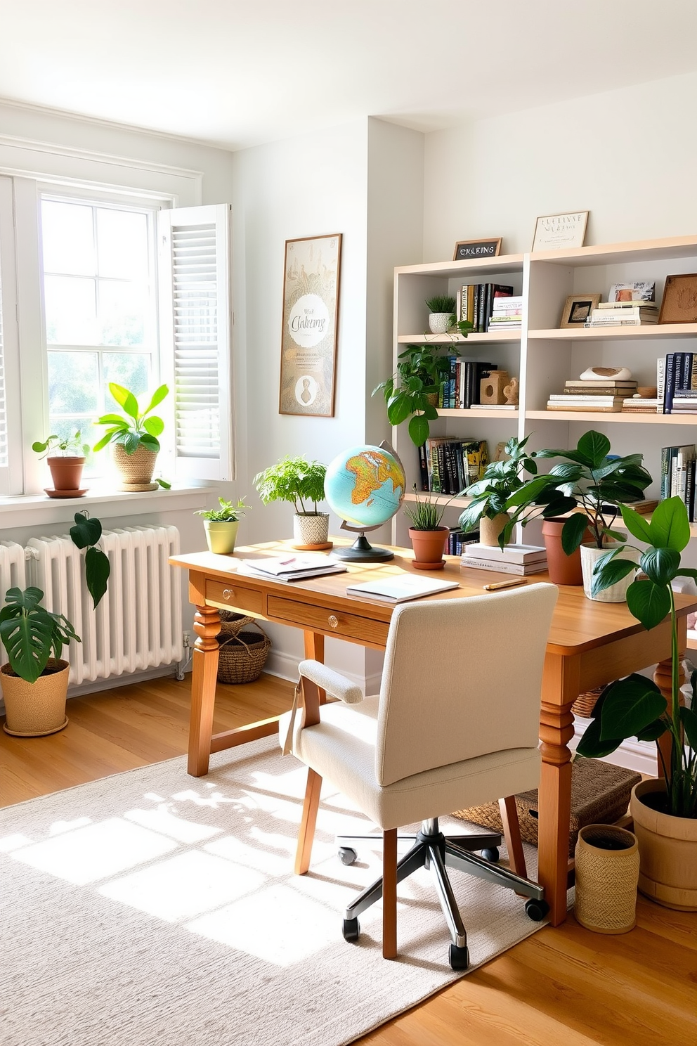 A bright and airy summer home office features a large wooden desk positioned by a window, allowing natural light to flood the space. The walls are painted in a soft pastel color, and a comfortable chair with a light fabric complements the desk. On the desk, a vintage globe adds a touch of travel vibes, surrounded by potted plants that bring life to the room. Shelves filled with books and decorative items line the walls, creating an inviting and inspiring workspace.