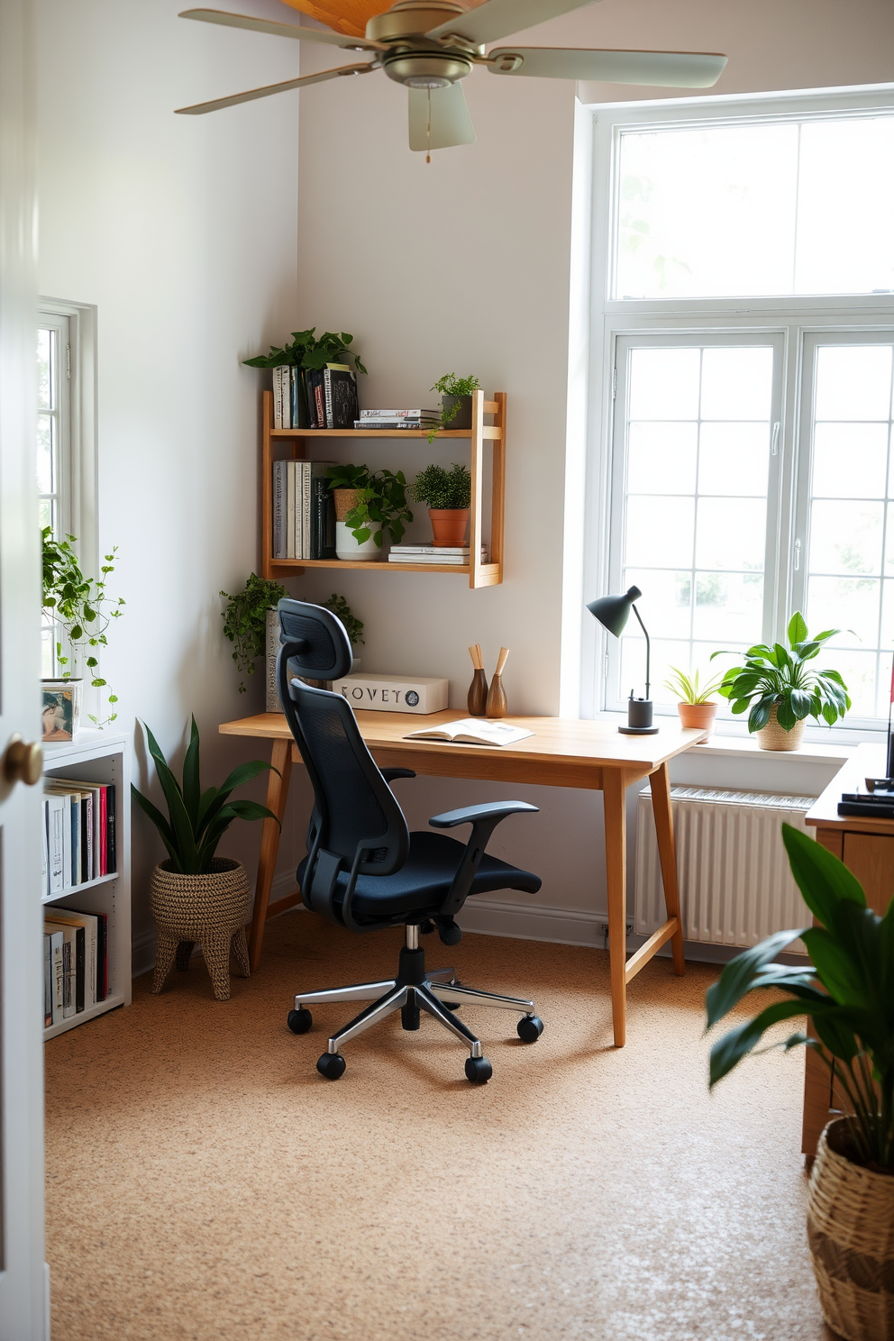 A cozy summer home office decorated with natural elements. The room features cork flooring that adds warmth and texture, complemented by a large window allowing ample natural light to flood in. A sleek wooden desk sits in the center, paired with a comfortable ergonomic chair. Shelves filled with books and decorative plants line the walls, creating an inviting and productive atmosphere.