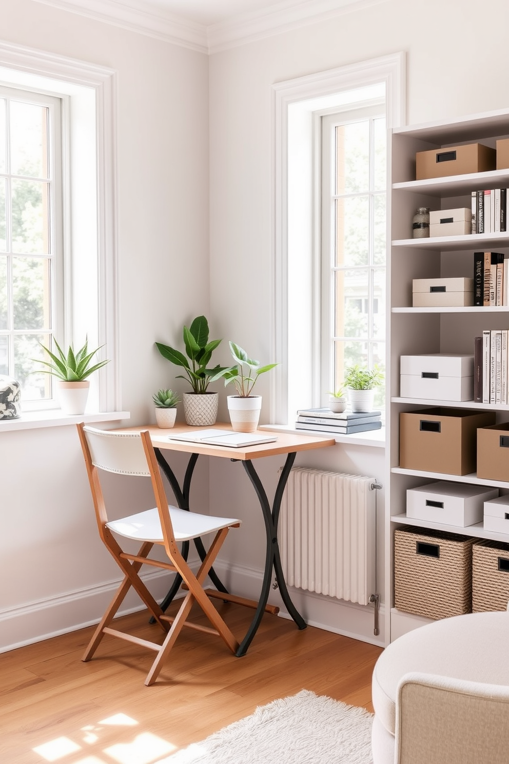 A bright and airy summer home office features a foldable table positioned near a large window, allowing for ample natural light. The walls are painted in a soft pastel hue, and a comfortable chair complements the table, creating a serene workspace. Decorative plants are placed on the windowsill, adding a touch of nature to the environment. Shelves filled with books and stylish storage boxes line one wall, ensuring the space remains organized and inviting.