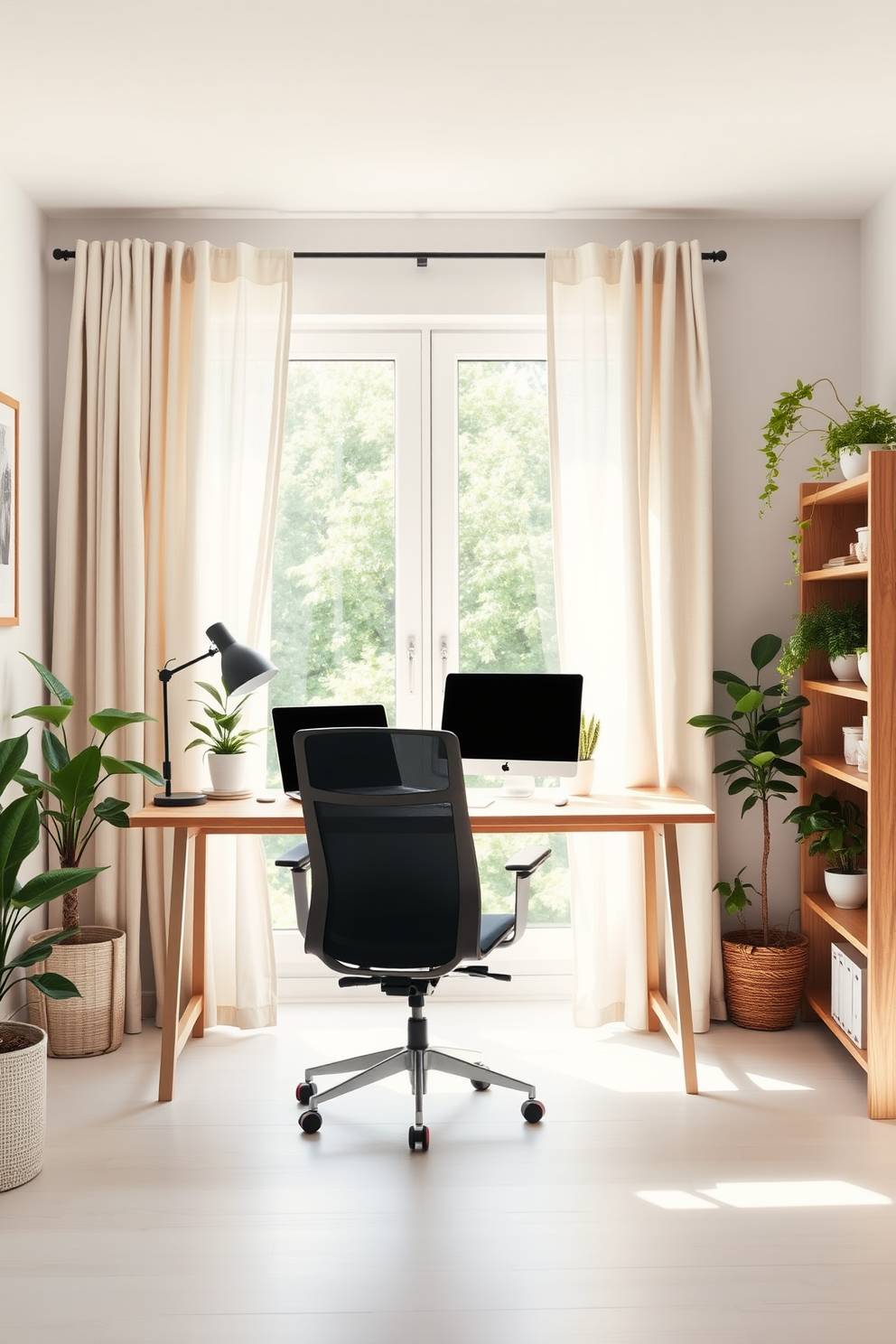 A bright summer home office filled with natural light. Light linen curtains flutter gently in the breeze, enhancing the airy atmosphere. A sleek wooden desk sits against the window, paired with a comfortable ergonomic chair. Potted plants are placed on the desk and shelves, adding a touch of greenery to the space.