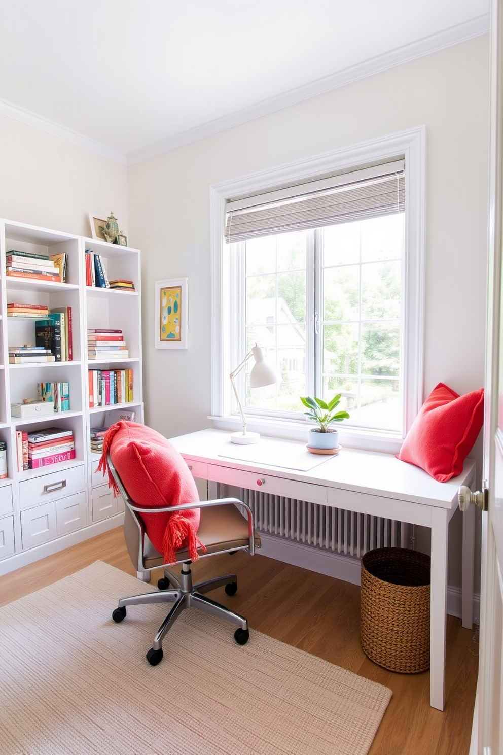 A bright and airy summer home office features a sleek white desk positioned near a large window that allows natural light to flood the space. The walls are painted in a soft pastel hue, and a cozy chair is adorned with vibrant throw pillows that add a pop of color and comfort. On the desk, a stylish lamp provides additional lighting, while a small indoor plant brings a touch of nature indoors. Shelves lined with books and decorative items create an inviting atmosphere, making it a perfect spot for productivity and relaxation.