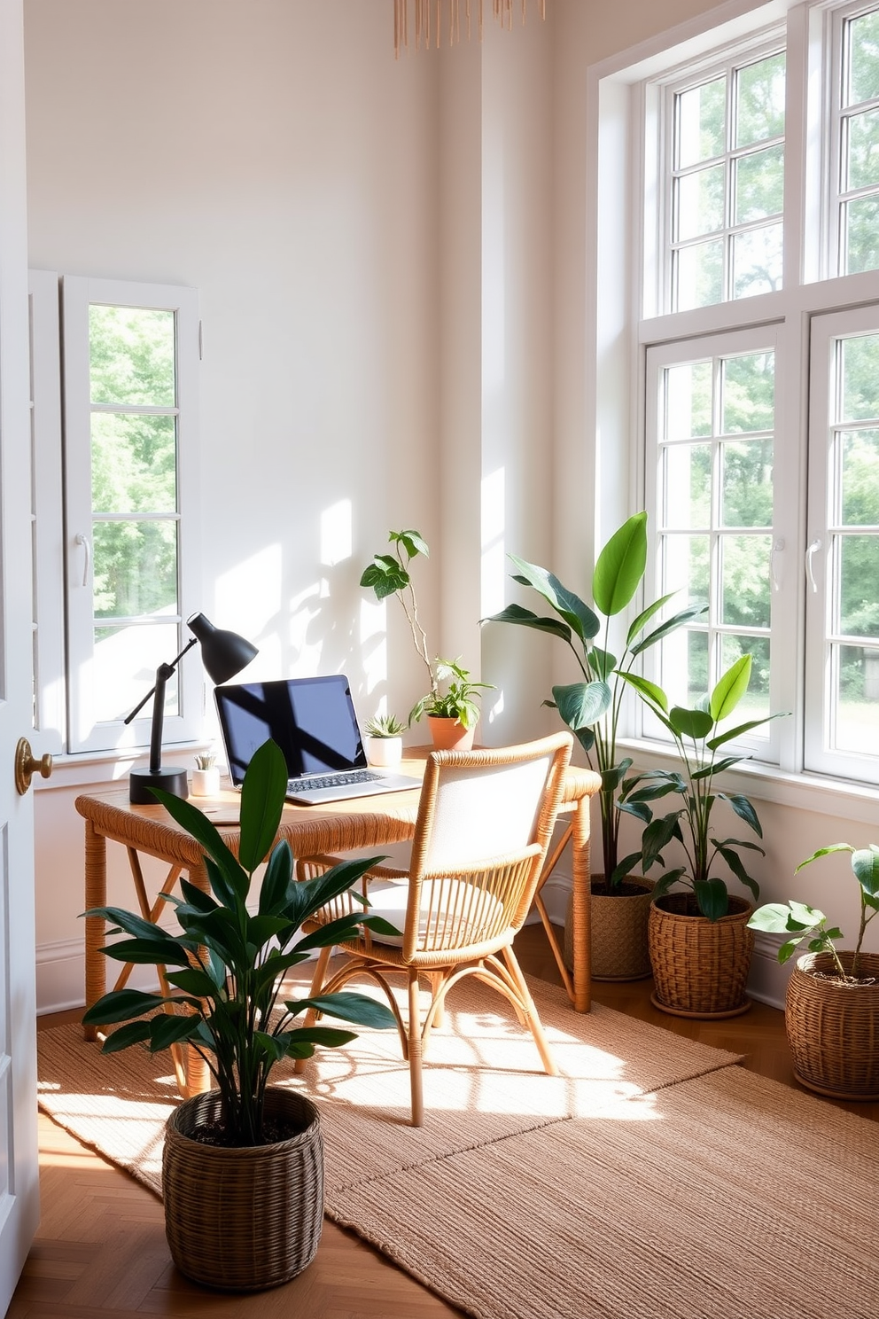 A bright and airy summer home office features a rattan desk that adds a natural touch to the space. The desk is paired with a comfortable chair upholstered in light fabric, creating a cozy and inviting atmosphere. Large windows allow natural light to flood the room, highlighting the soft pastel color palette of the walls. Potted plants are placed strategically around the room, bringing a refreshing vibe to the home office.