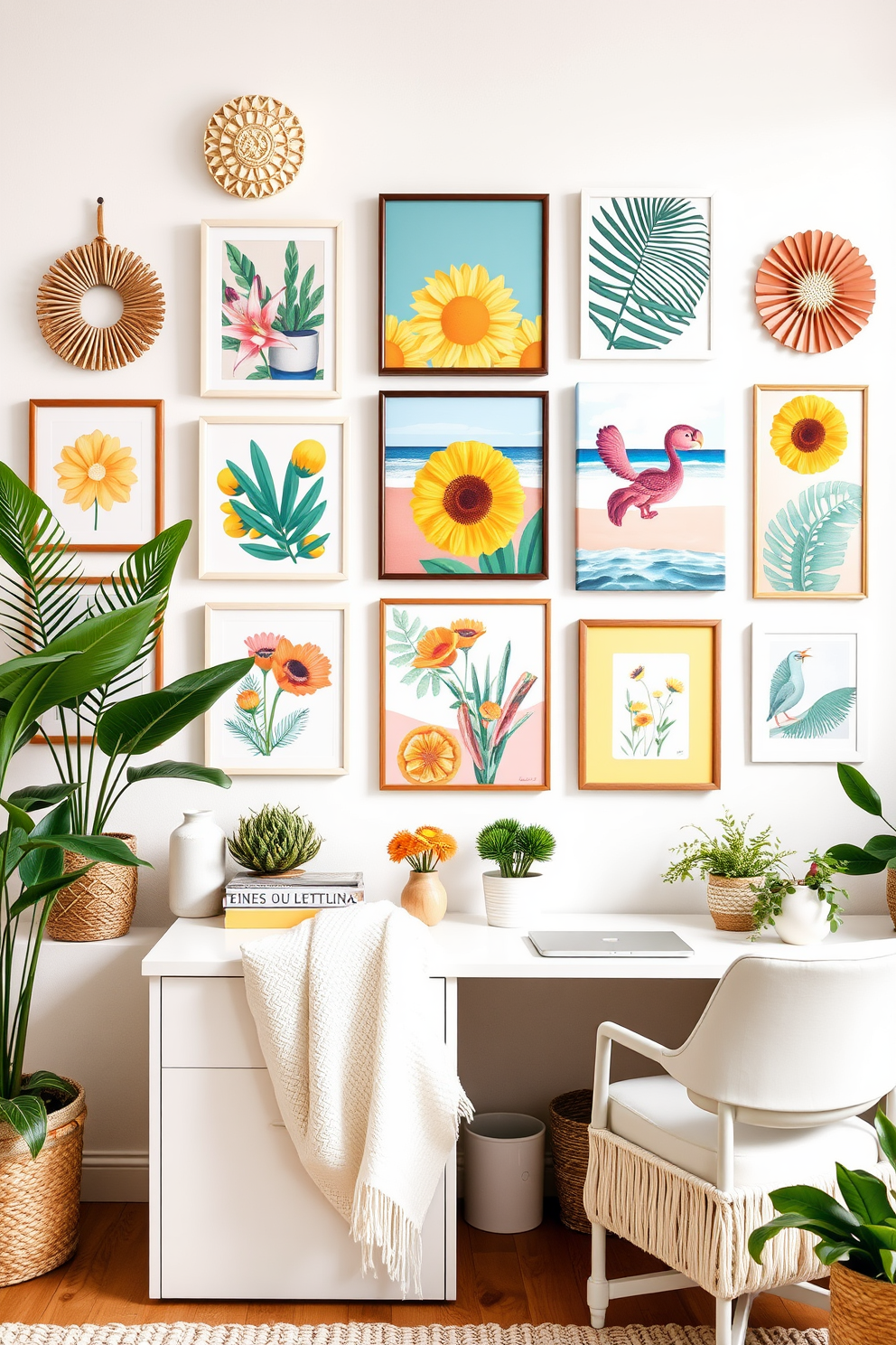 Create a gallery wall featuring vibrant summer-themed artwork that includes bright colors and natural elements. Incorporate a mix of framed prints, canvas pieces, and three-dimensional decorations for added depth and interest. Design a cozy home office space that blends functionality with a relaxed summer vibe. Use light-colored furniture, plenty of greenery, and soft textiles to create an inviting and inspiring workspace.