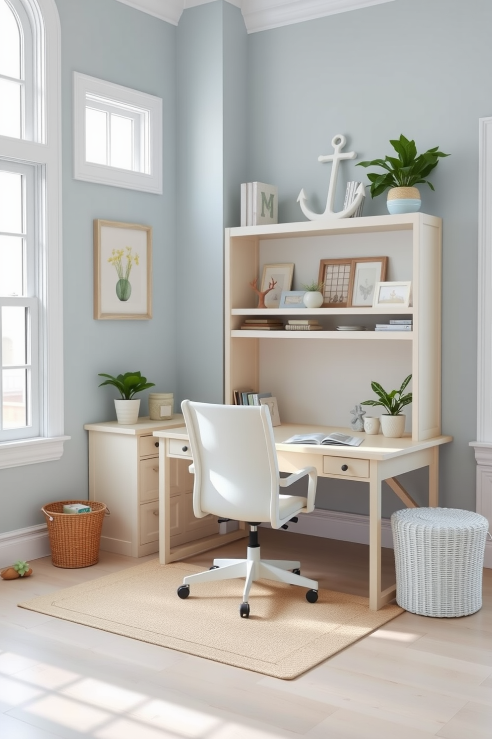 A bright and airy home office designed with a beachy color palette. Soft blues and sandy beiges create a calming atmosphere, complemented by natural light streaming through large windows. The workspace features a light wood desk paired with a comfortable white chair. Shelves adorned with nautical decor and potted plants add a touch of coastal charm to the room.