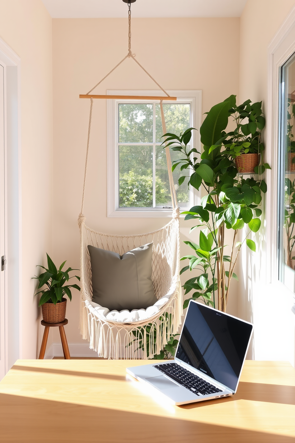 A cozy summer home office featuring a hammock chair suspended from the ceiling in a sunlit corner. The walls are painted in a soft pastel color, and a wooden desk with a sleek laptop sits adjacent to the hammock, surrounded by lush greenery.