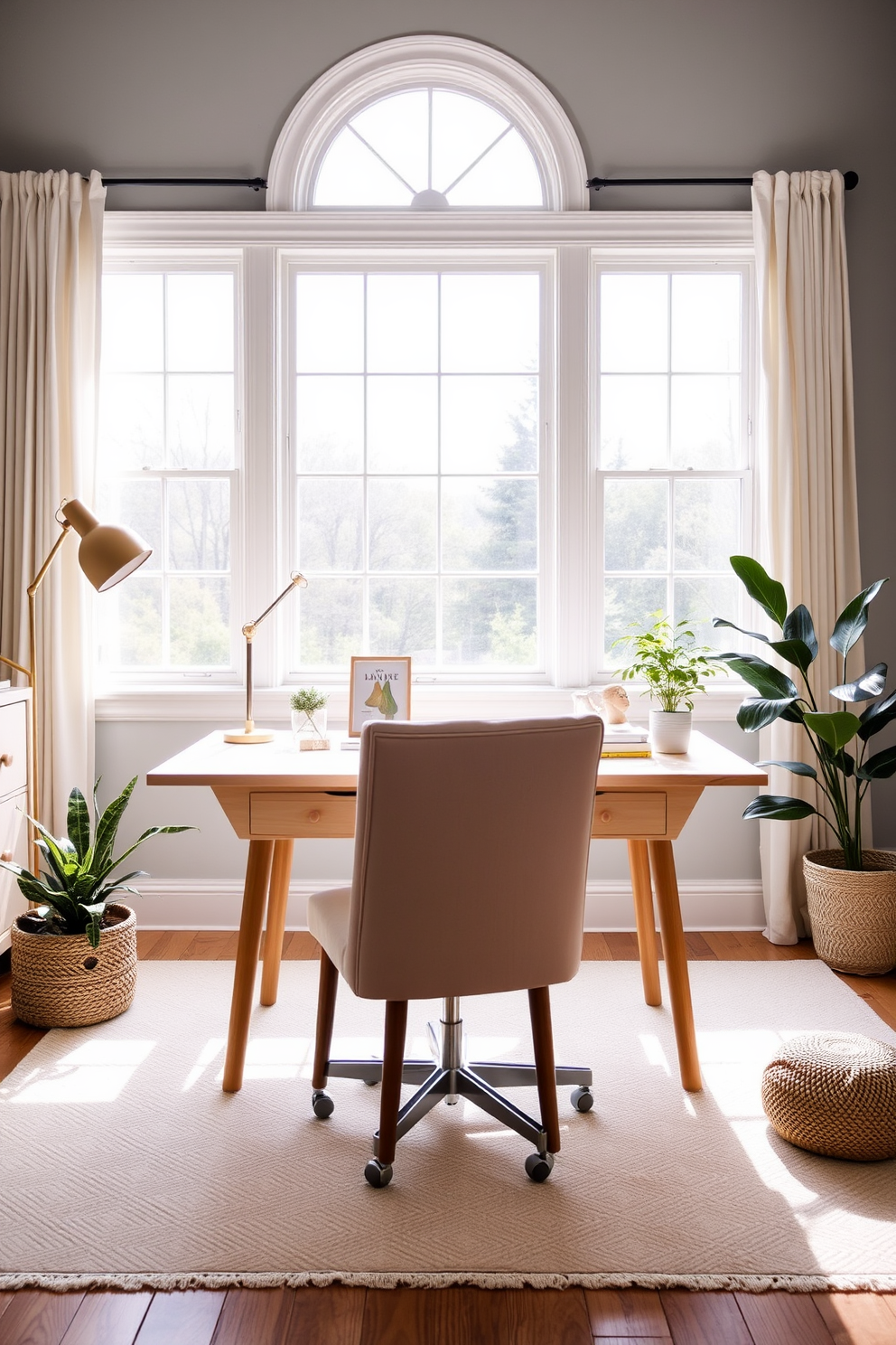 Select airy furniture with light finishes to create a bright and inviting summer home office. Incorporate a large window that allows natural light to flood the space, enhancing the overall ambiance. Choose a light wood desk paired with a comfortable, upholstered chair in a soft pastel color. Add decorative elements like potted plants and minimalistic artwork to bring life to the room.