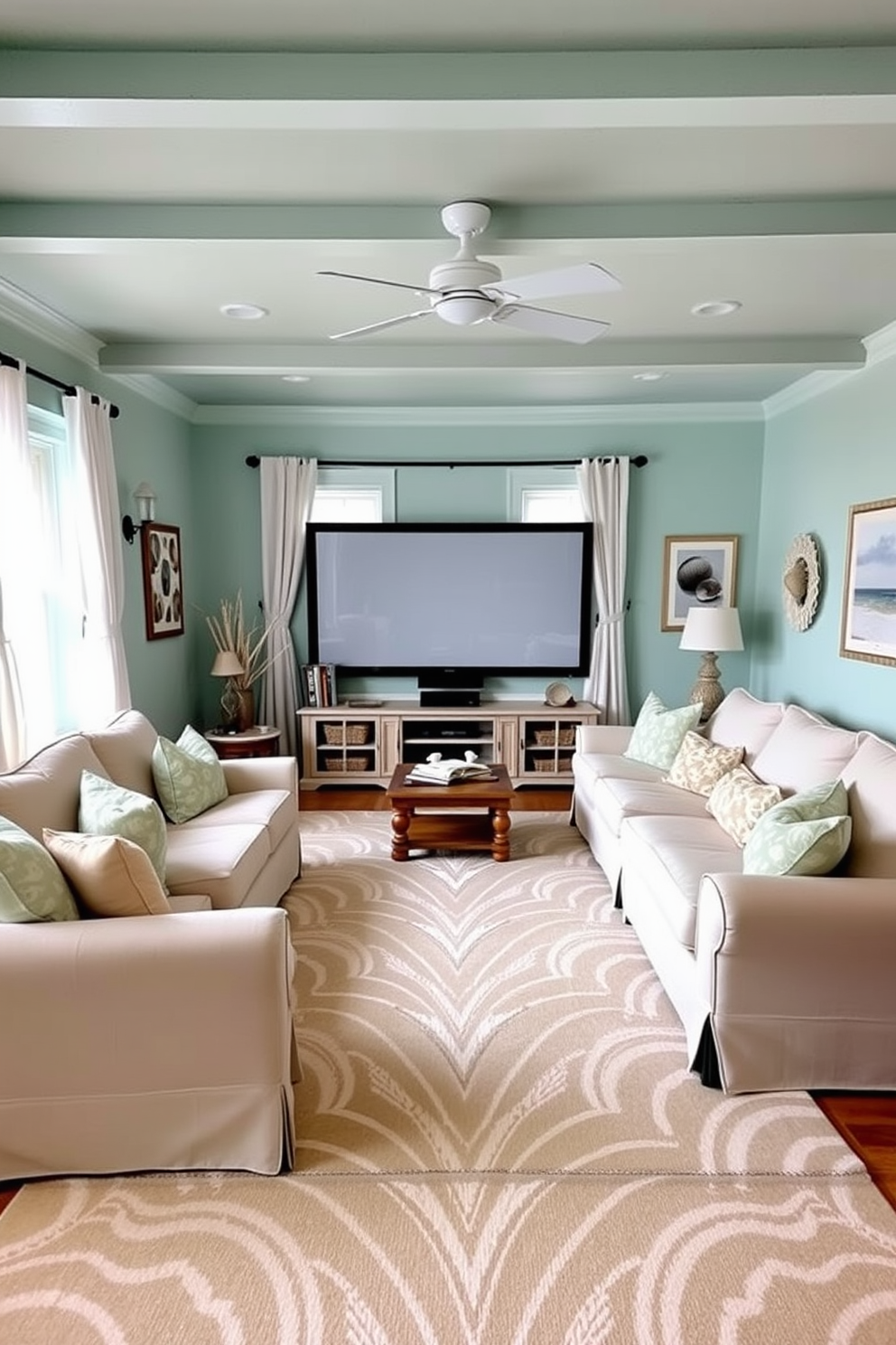 A cozy summer home theater with a coastal color palette featuring soft blues and sandy beiges. The walls are painted in a light seafoam green, and plush seating is arranged to face a large screen with white curtains framing the windows. Decorative elements include driftwood accents and seashell-themed artwork. A large area rug in a wave pattern anchors the space, creating a relaxed and inviting atmosphere.