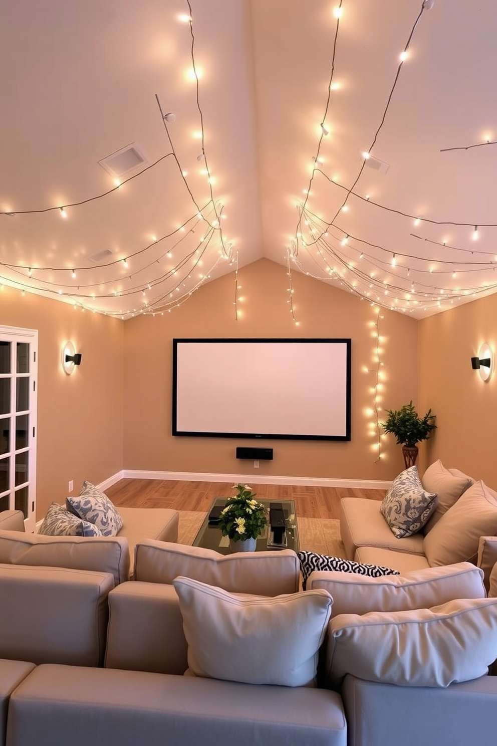 Create a cozy summer home theater setting with soft string lights draping across the ceiling. The walls are painted a warm beige, and plush seating is arranged in a semi-circle around a large screen, inviting relaxation and enjoyment.