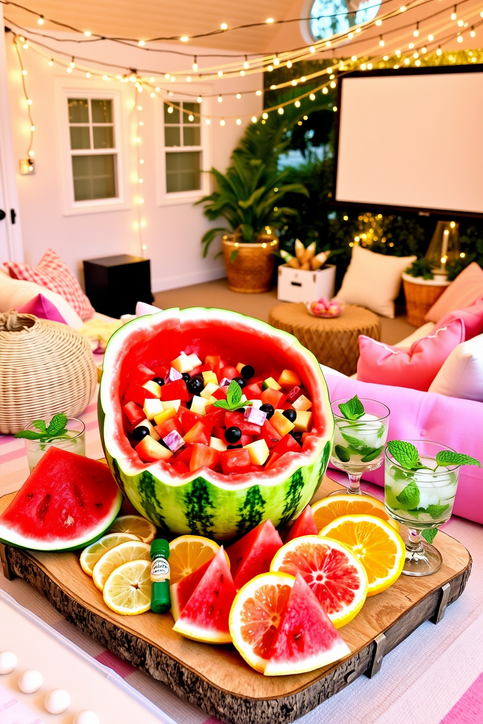 A vibrant watermelon and citrus themed snacks setup featuring a large watermelon carved into a bowl filled with colorful fruit salad. Surrounding the watermelon, there are citrus slices arranged artistically on a wooden platter, complemented by refreshing drinks in clear glasses with mint leaves. A cozy summer home theater decorated with soft pastel cushions and a large screen for movie viewing. The space is illuminated by string lights draped across the ceiling, creating a warm and inviting atmosphere perfect for summer movie nights.