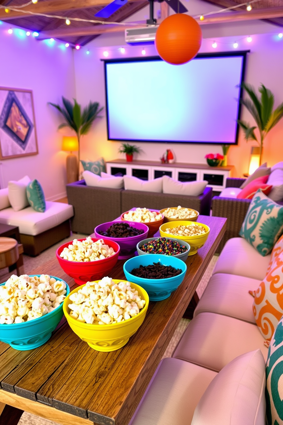 A vibrant DIY popcorn bar is set up for fun gatherings. Colorful bowls filled with various popcorn flavors are arranged on a rustic wooden table, surrounded by toppings like chocolate, caramel, and sprinkles. For summer home theater decorating ideas, the space features cozy seating with plush cushions and a large screen. Soft ambient lighting creates a warm atmosphere, while tropical-themed decor adds a playful touch.