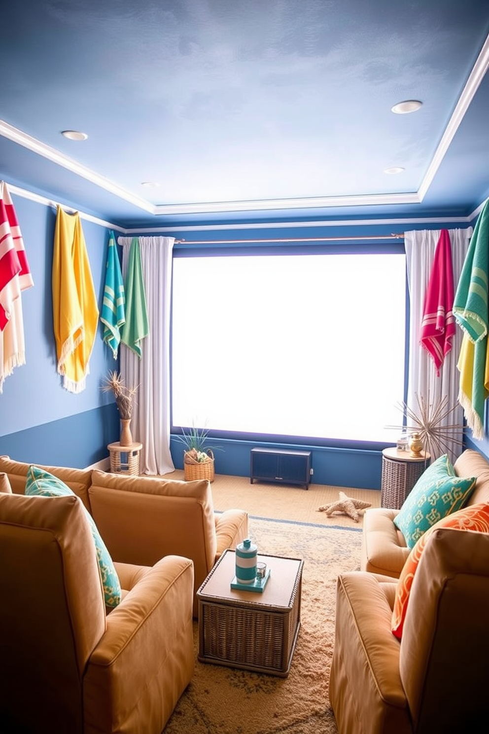 Vintage beach towels as wall hangings. The towels are creatively draped on the walls, adding a pop of color and a relaxed vibe to the space. Summer Home Theater Decorating Ideas. The theater features plush seating with bright cushions, a large screen framed by soft drapes, and decorative coastal elements that enhance the summer theme.