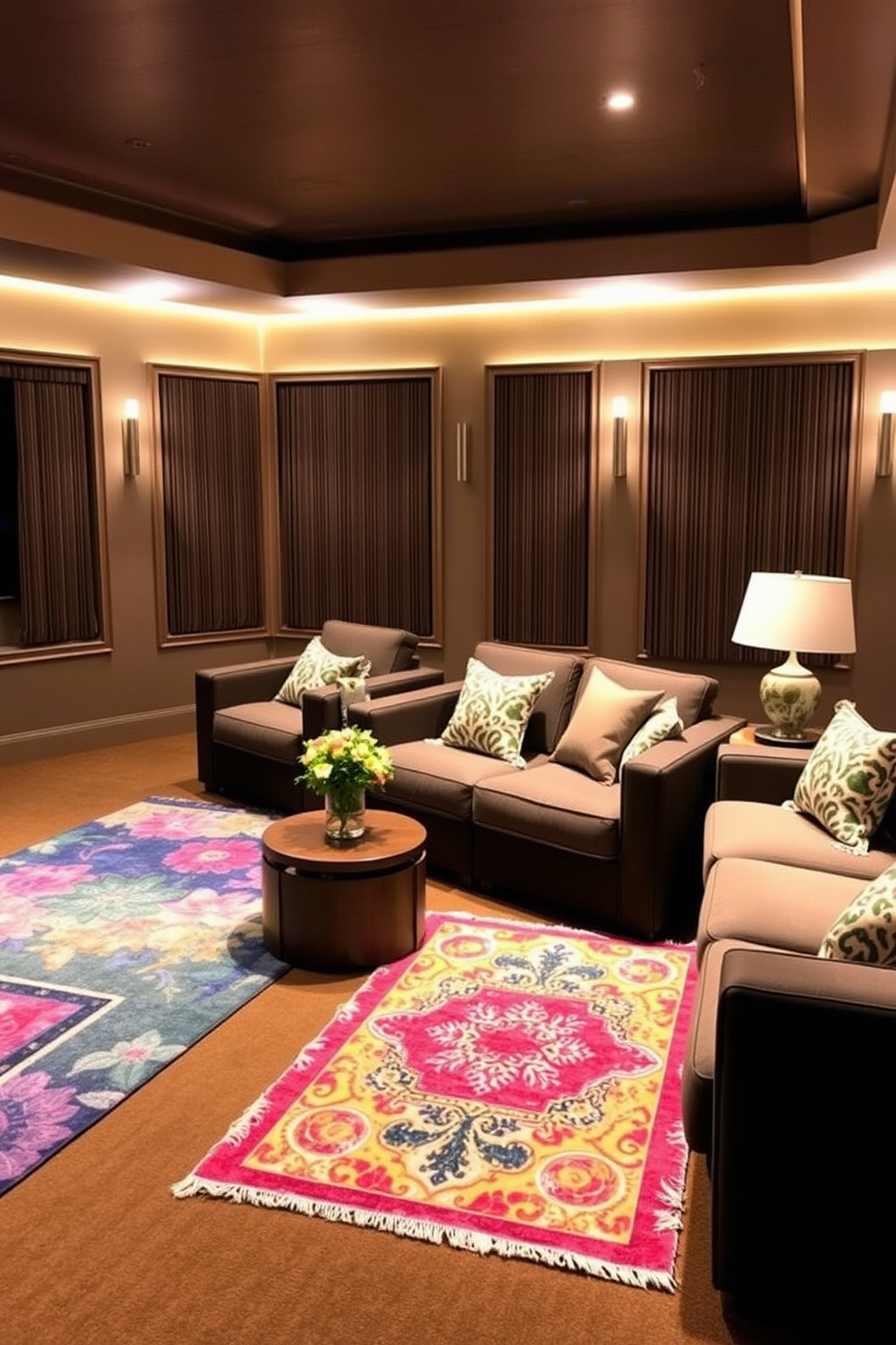 Bright area rugs to define spaces. The rugs are vibrant and colorful, strategically placed to delineate different areas within the room. Summer Home Theater Decorating Ideas. The theater features comfortable seating with plush cushions, complemented by soft ambient lighting for a cozy atmosphere.