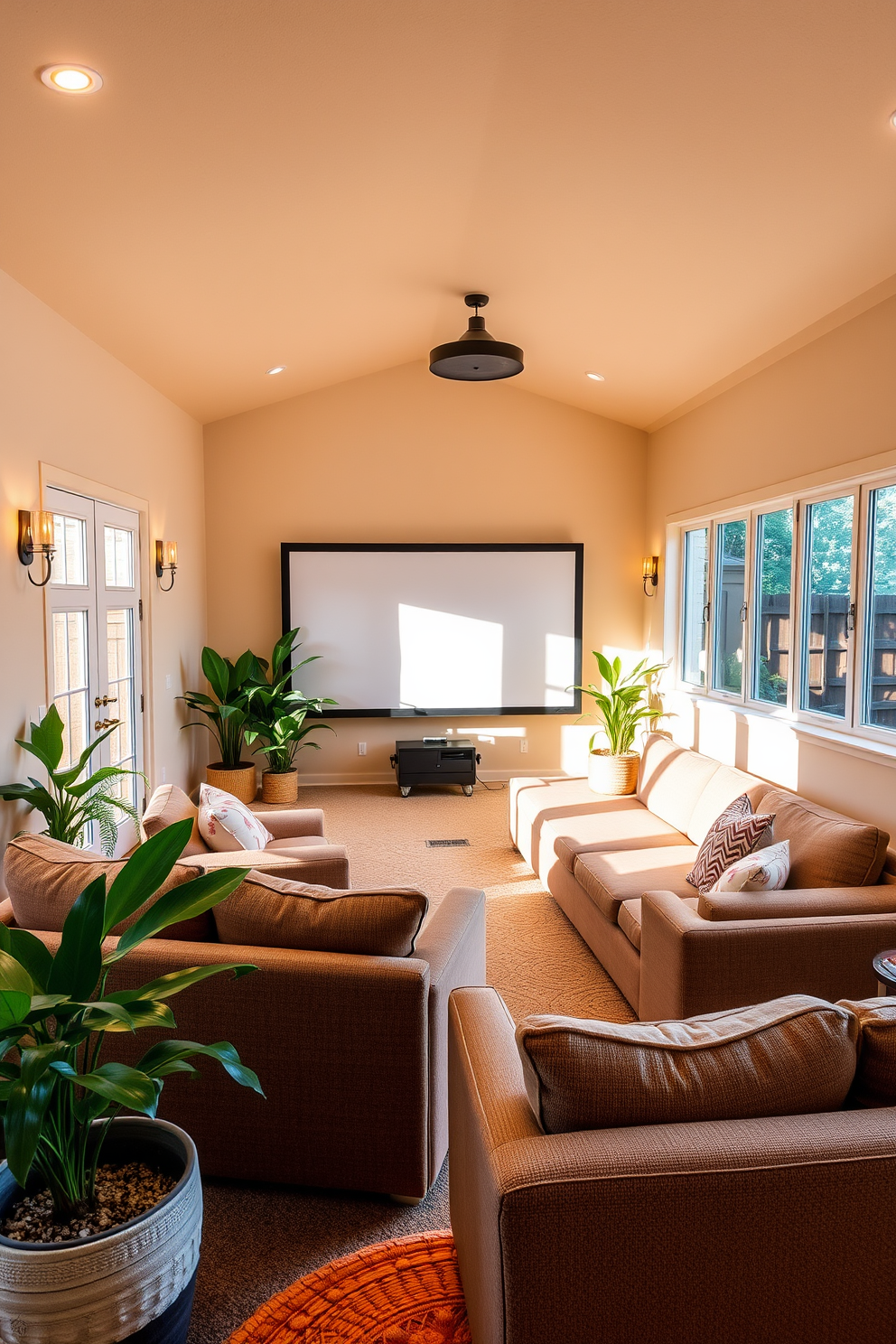 A cozy summer home theater space filled with natural light. Plush seating arranged in a semi-circle faces a large screen, surrounded by potted plants that add a refreshing touch. The walls are painted in a soft beige, creating a warm atmosphere. Ambient lighting fixtures are strategically placed to enhance the viewing experience while maintaining a relaxed vibe.