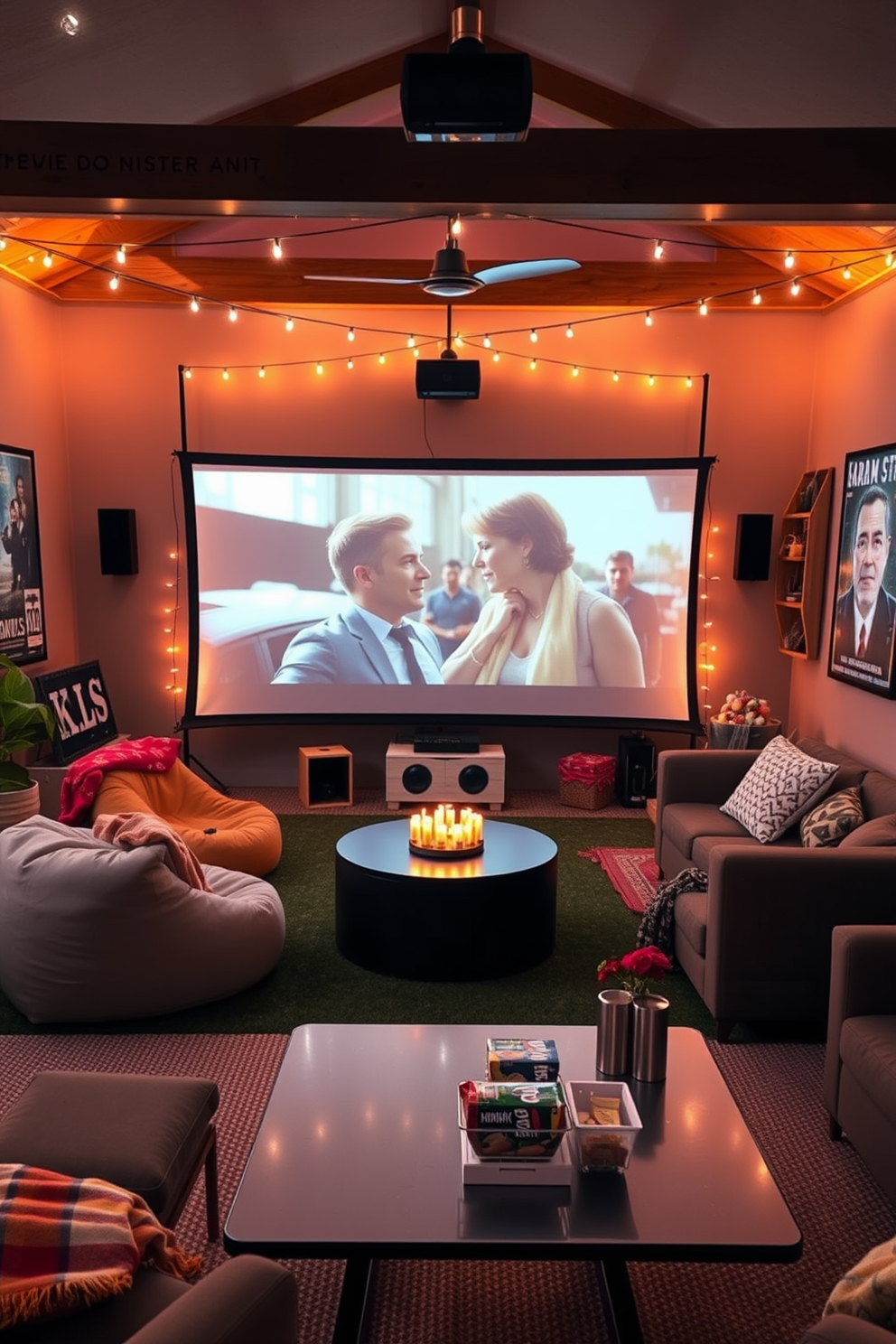 A cozy summer movie night setup featuring a large projector screen with a classic film playing. Surrounding the screen are comfortable outdoor seating options like plush bean bags and colorful throw blankets. A stylish home theater decorated with soft ambient lighting and plush seating. The walls are adorned with movie posters and there are snacks displayed on a sleek modern table.