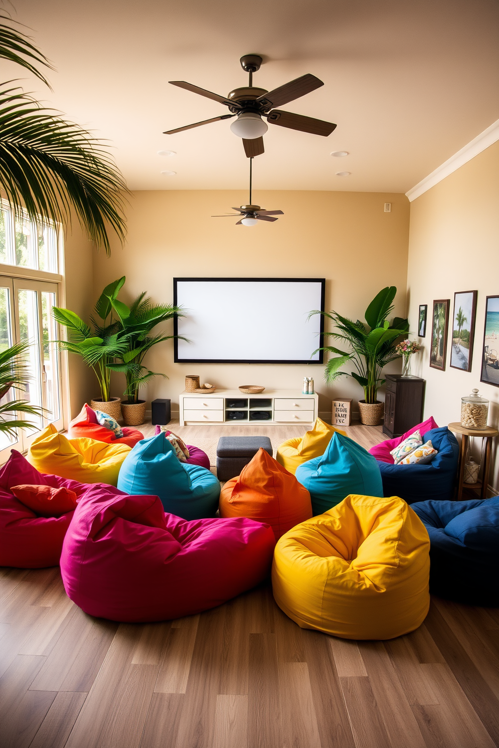 Colorful bean bags scattered around a cozy living room create an inviting atmosphere for casual seating. The vibrant hues of the bean bags complement the light wood flooring and large windows that let in natural light. In a summer home theater, plush seating and a large screen are framed by tropical plants and soft lighting. The walls are painted in a soft beige, with decorative elements like beach-themed art and a popcorn station nearby.