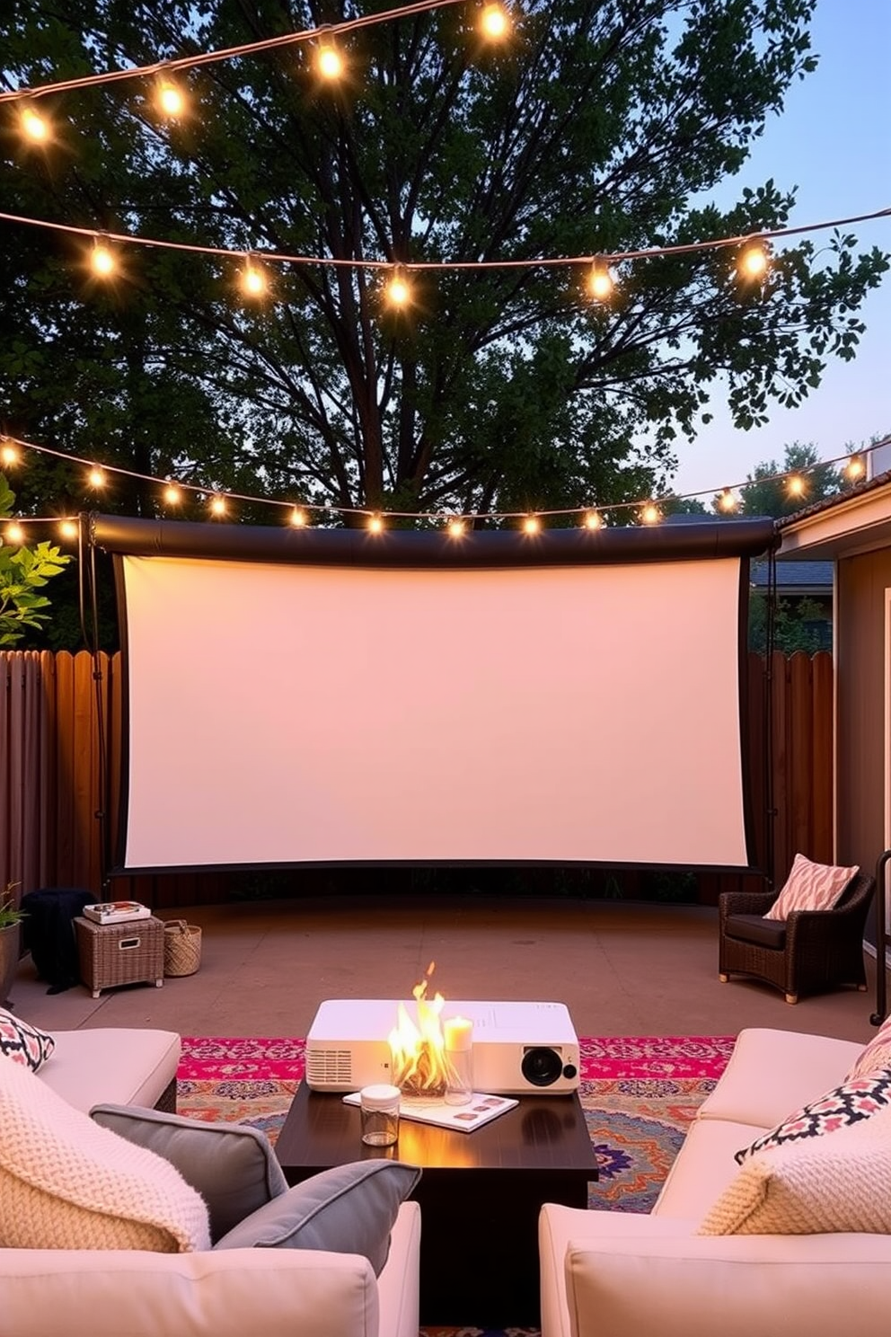 A cozy outdoor movie screen setup for summer nights. The screen is framed by string lights and surrounded by comfortable seating with plush cushions. A stylish summer home theater featuring a large projector and a retractable screen. The space is decorated with soft throw blankets and vibrant outdoor rugs to enhance the ambiance.