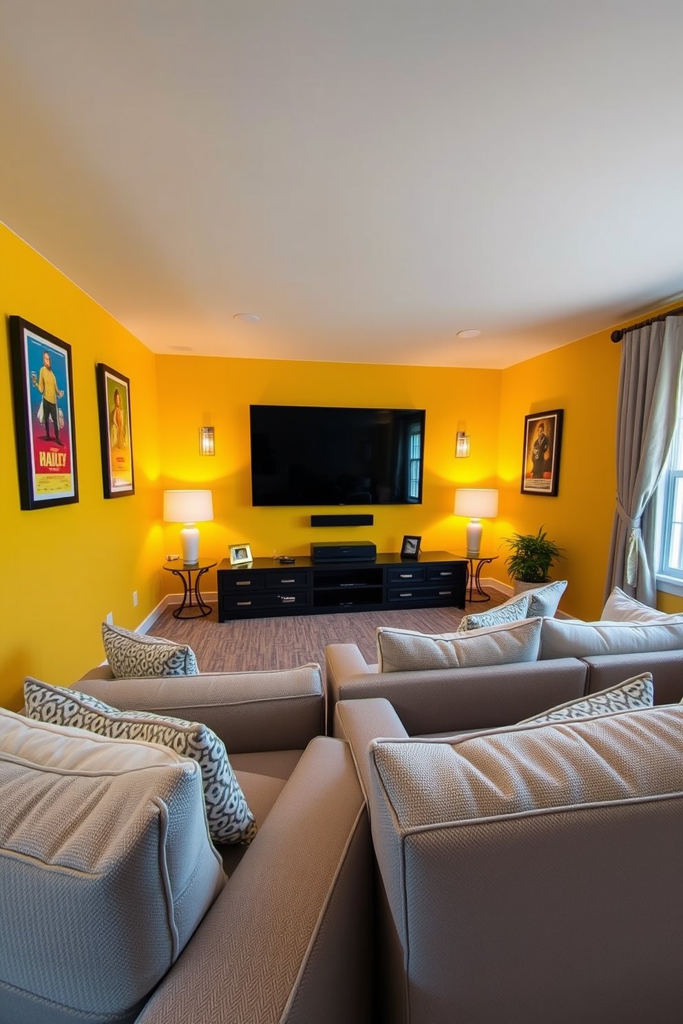 Sunshine yellow accent walls create a vibrant and energizing atmosphere in the room. Plush seating in soft gray complements the bright walls, while a large screen is mounted for an immersive viewing experience. Decorative elements like framed movie posters in bold colors add personality to the space. Soft lighting fixtures and layered curtains enhance the cozy ambiance, making it an inviting retreat for summer movie nights.