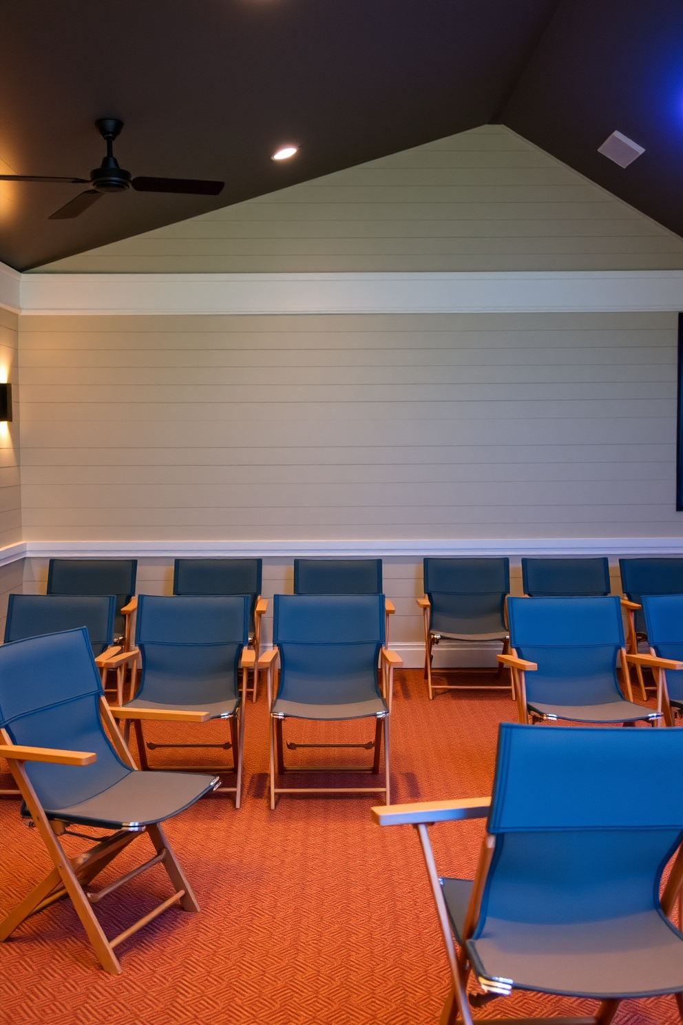 A cozy summer home theater features a comfortable arrangement of folding chairs that provide extra seating options for guests. The walls are adorned with soft, ambient lighting, creating a warm and inviting atmosphere for movie nights.