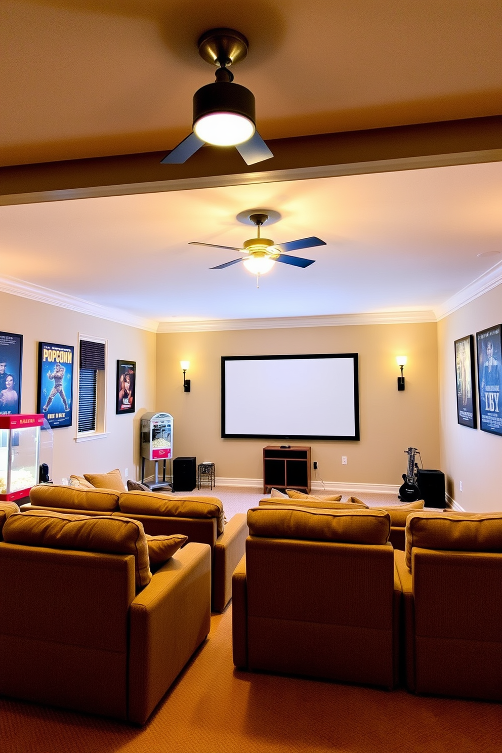 A cozy summer home theater with mood lighting that creates a warm and inviting atmosphere. The walls are painted a soft beige, and plush seating is arranged in a semi-circle facing a large screen. Dimmable fixtures provide flexibility in lighting, allowing for a cinematic experience or a relaxed social gathering. Decorative elements include a popcorn machine in the corner and framed movie posters that add a personal touch to the space.