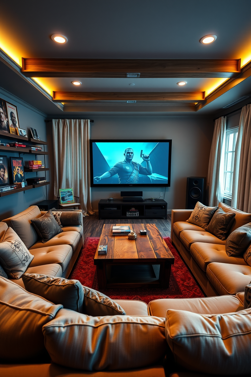 A cozy game area designed for pre-movie fun features a large sectional sofa with plush cushions and a rustic wooden coffee table at the center. The walls are adorned with movie posters and shelves filled with board games, while soft ambient lighting creates an inviting atmosphere. Incorporating summer home theater decorating ideas, the space includes a large screen mounted on the wall with surround sound speakers positioned strategically for optimal audio. Light-colored curtains frame the windows, allowing natural light to filter in during the day while maintaining a cinematic feel at night.