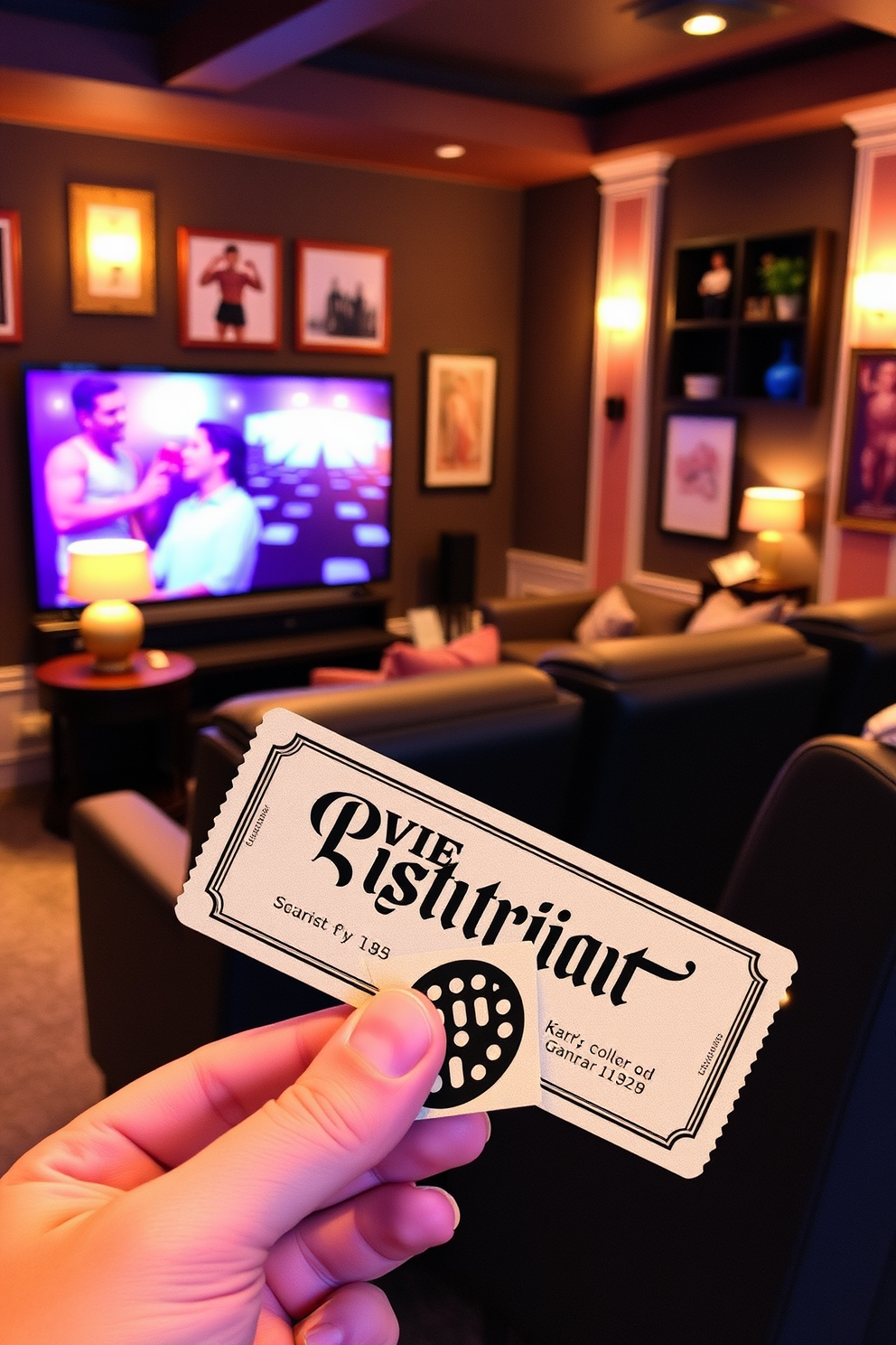 Custom movie night tickets for guests. The tickets feature a vintage design with elegant typography and a film reel graphic. Summer Home Theater Decorating Ideas. The space is adorned with cozy seating, ambient lighting, and themed decor that enhances the cinematic experience.