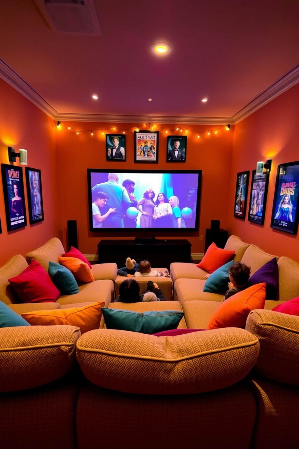 A cozy family-friendly movie theater room designed for all ages. Soft, plush seating is arranged in a semi-circle facing a large screen, with colorful throw pillows scattered throughout for comfort. The walls are painted in a warm, inviting color, adorned with framed movie posters that appeal to both kids and adults. Ambient lighting is provided by dimmable sconces and fairy lights, creating a magical atmosphere for movie nights.