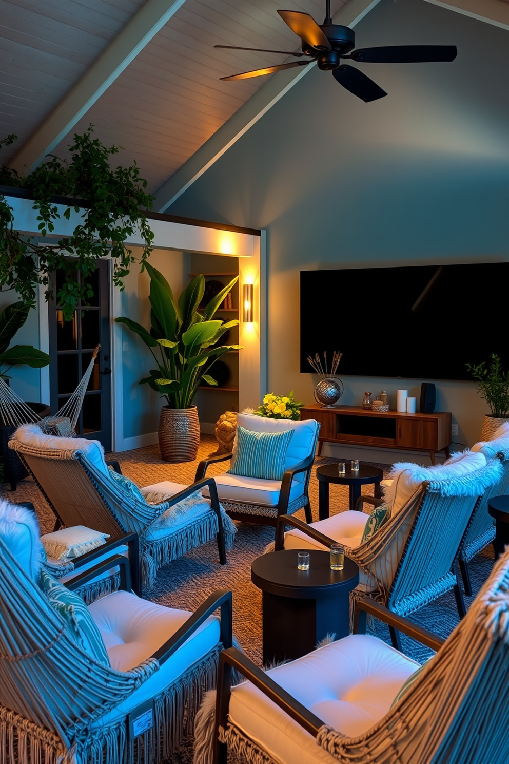 A cozy summer home theater featuring plush hammock chairs arranged for relaxed seating. Soft ambient lighting enhances the atmosphere, while a large screen is mounted on the wall, surrounded by lush greenery and decorative accents.