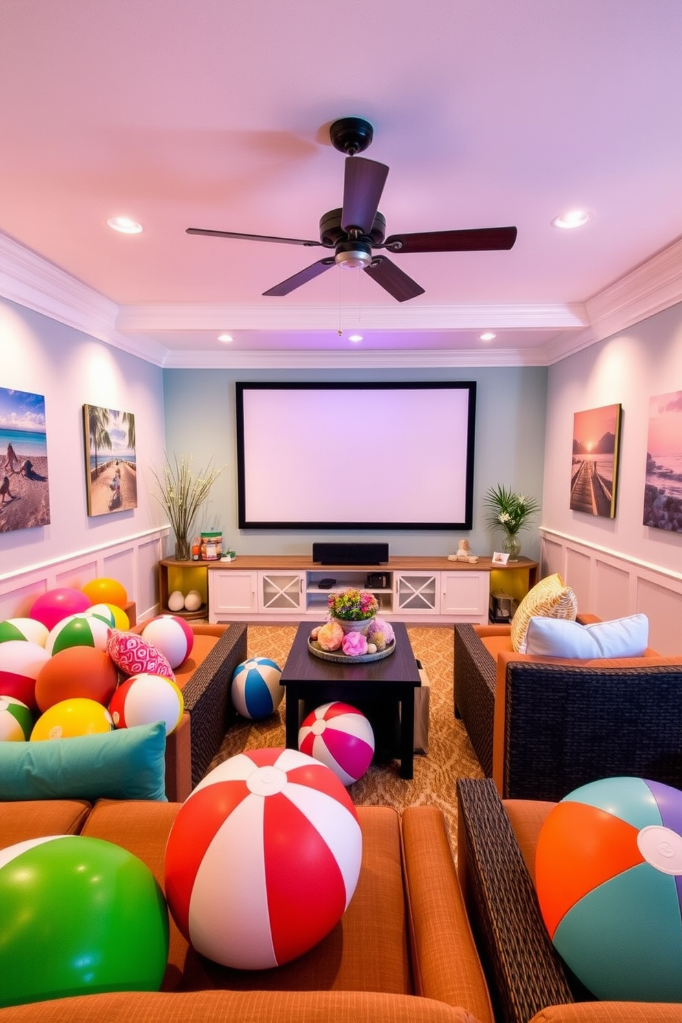 A vibrant beach ball decor theme fills the room with playful accents and a cheerful atmosphere. Colorful beach balls are arranged artfully around the seating area, adding a fun and whimsical touch to the summer home theater. The summer home theater features comfortable seating with bright cushions and a large screen for movie nights. Soft ambient lighting creates a cozy environment, while beach-themed artwork adorns the walls, enhancing the overall theme.