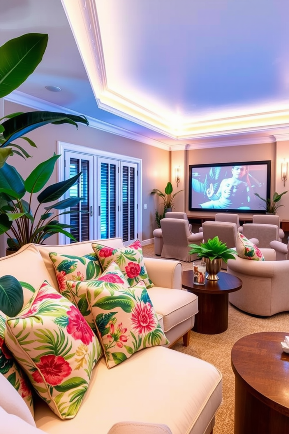 Tropical themed cushions with vibrant colors and floral patterns are arranged on a plush sectional sofa. The cushions are complemented by light, airy fabrics that enhance the relaxed atmosphere of the summer retreat. The summer home theater features comfortable seating with oversized armchairs and a large screen for movie nights. Soft ambient lighting and decorative elements like tropical plants create a cozy and inviting space for entertainment.