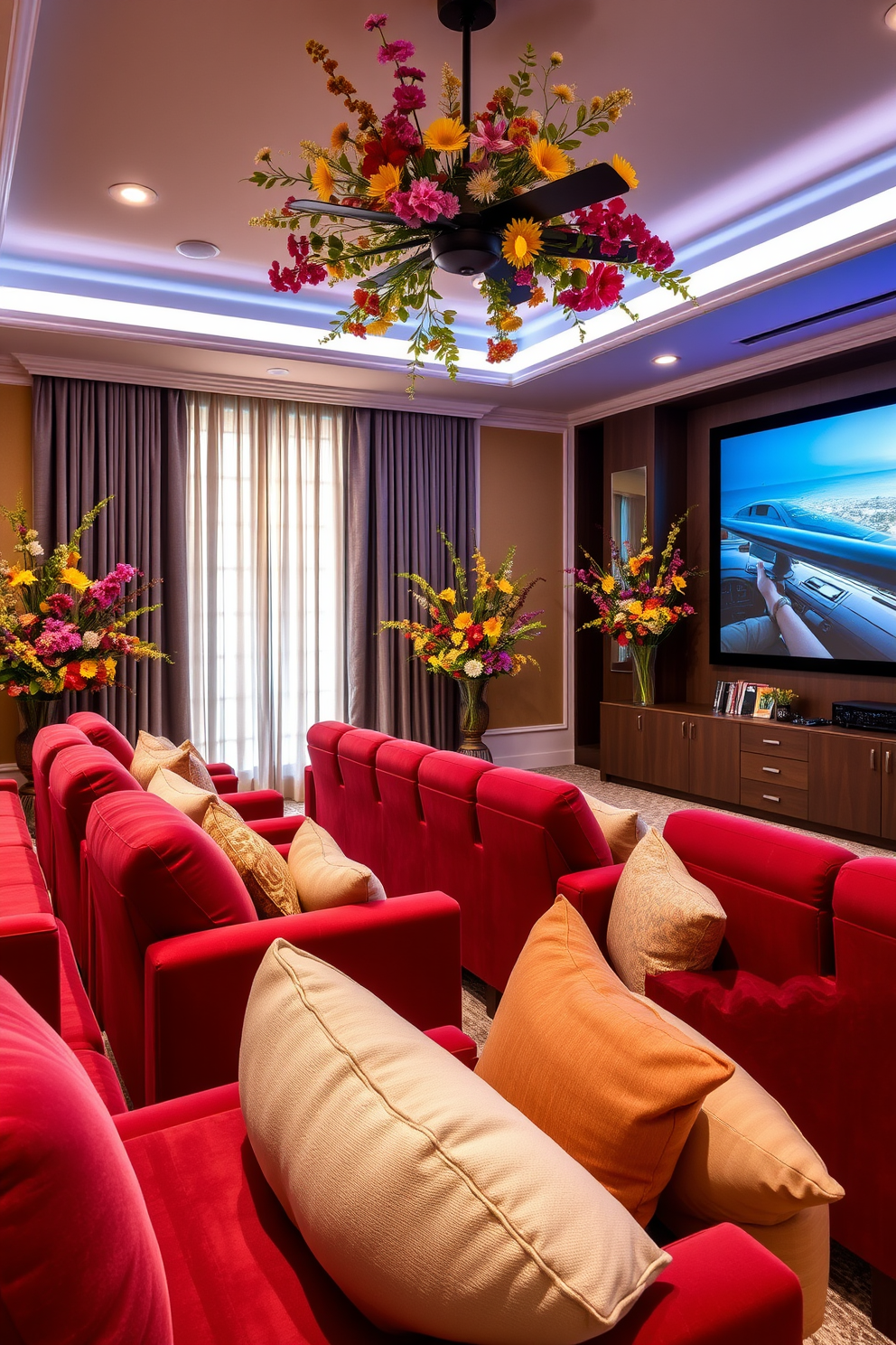 A vibrant home theater adorned with seasonal floral arrangements that bring a touch of freshness. The space features plush seating in rich colors, with large screens framed by elegant drapery that complements the lively floral accents. For a summer vibe, the theater is decorated with light, airy fabrics and a color palette inspired by sunflowers and ocean blues. Cozy throw pillows and soft lighting create an inviting atmosphere perfect for enjoying movies with family and friends.