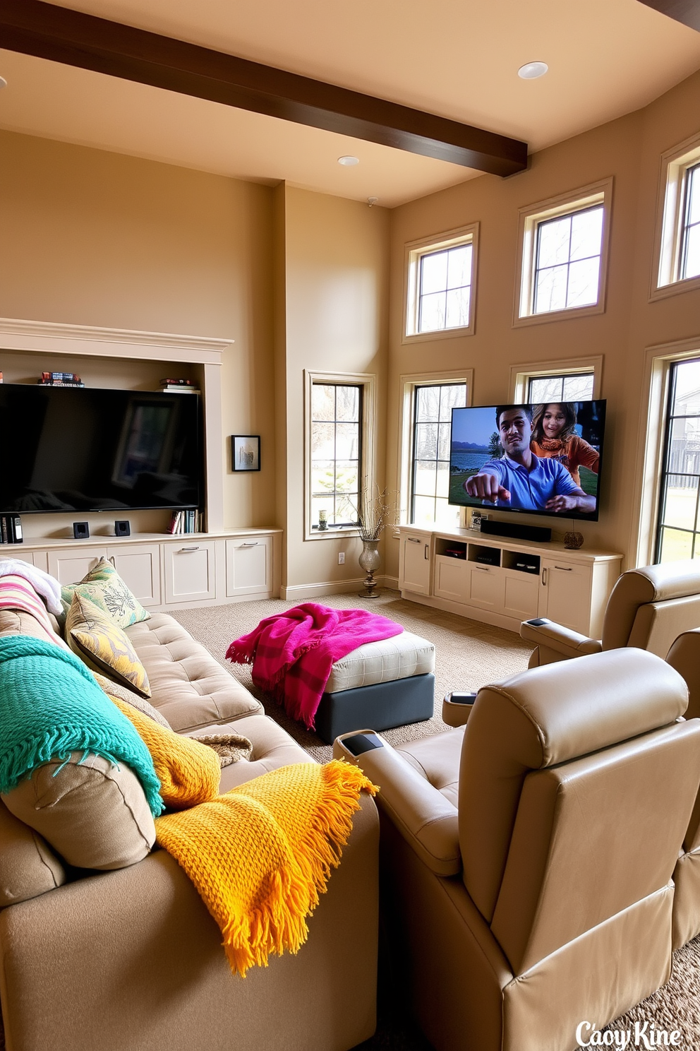 Bright throw blankets are draped over a plush sectional sofa, adding a pop of color and warmth to the space. The walls are painted in a soft beige, and large windows allow natural light to flood in, creating a cozy atmosphere. The home theater features a large screen mounted on the wall, surrounded by built-in shelves filled with books and decorative items. Comfortable reclining chairs are arranged in a semi-circle, inviting friends and family to enjoy movie nights together.