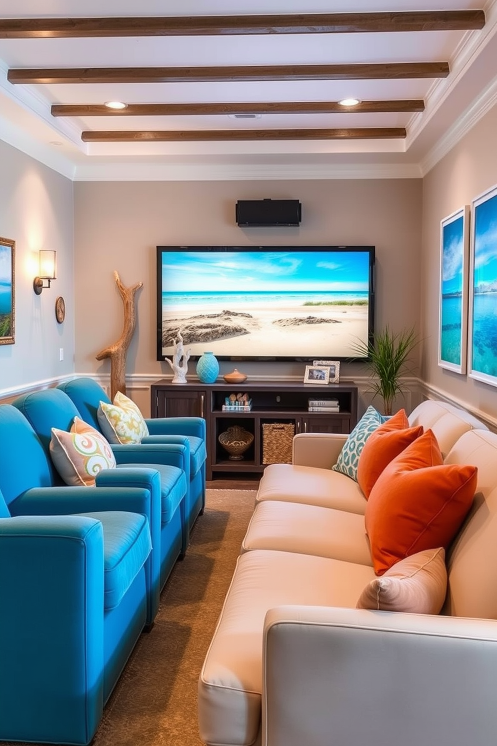 Beach inspired decor accents throughout space. Light blue and sandy beige tones dominate the color palette, with driftwood accents and seashell decorations enhancing the coastal vibe. Summer home theater decorating ideas. Plush seating in vibrant colors complements the soft lighting, while framed beach landscape prints adorn the walls to create a relaxing atmosphere.