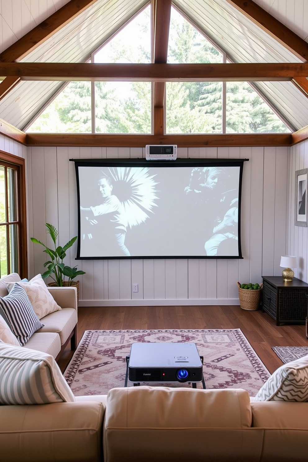 A cozy summer home theater setup featuring a portable projector that can be easily moved for flexible viewing options. The space includes comfortable seating with plush cushions and a stylish area rug that ties the room together.