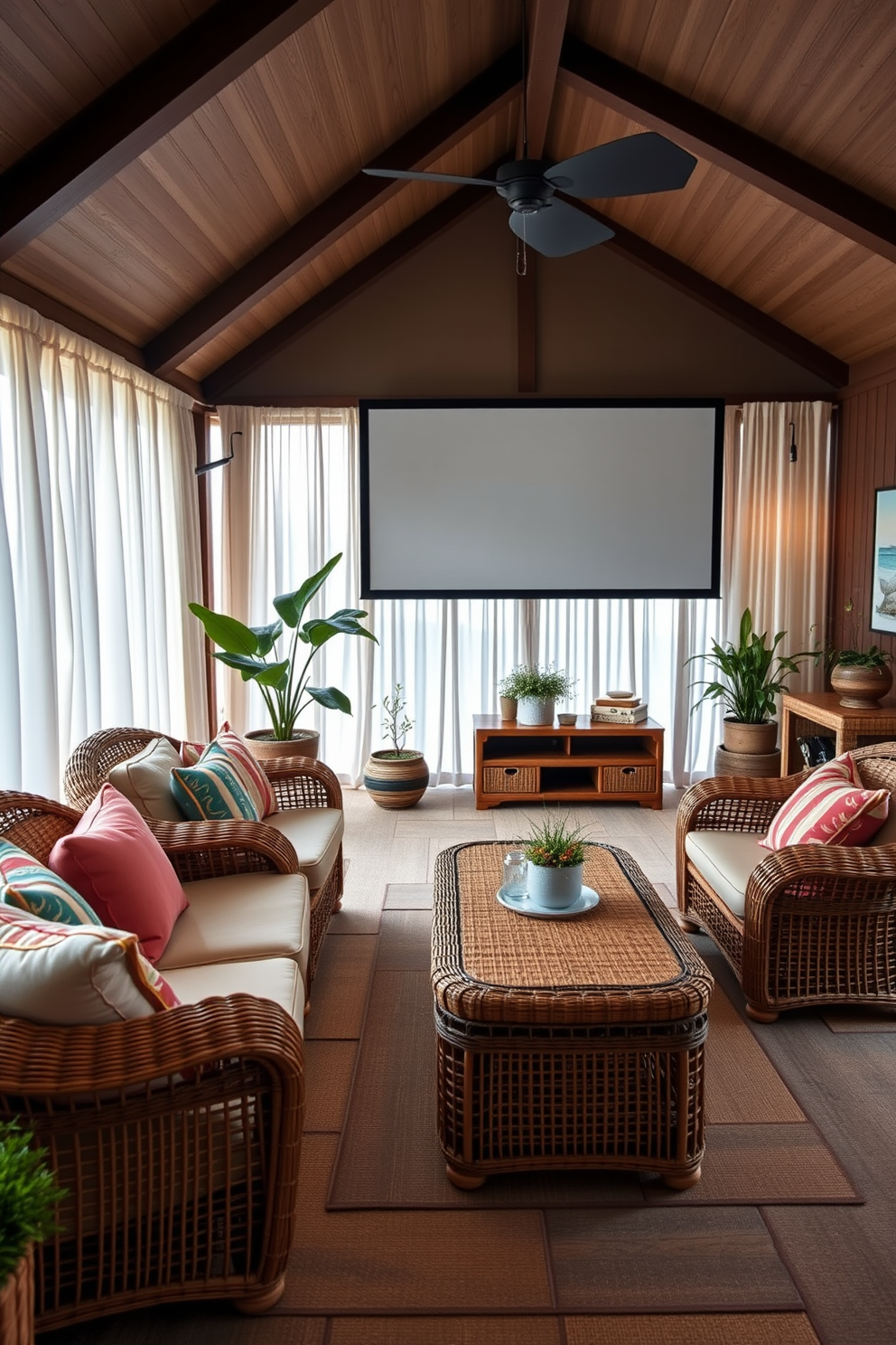 A cozy summer home theater features rattan furniture that creates a laid-back vibe. The seating area includes a plush rattan sofa adorned with colorful cushions, complemented by a matching rattan coffee table. Soft ambient lighting enhances the relaxed atmosphere, while sheer curtains allow natural light to filter in. A large screen is mounted on the wall, surrounded by decorative elements like potted plants and beach-themed artwork.