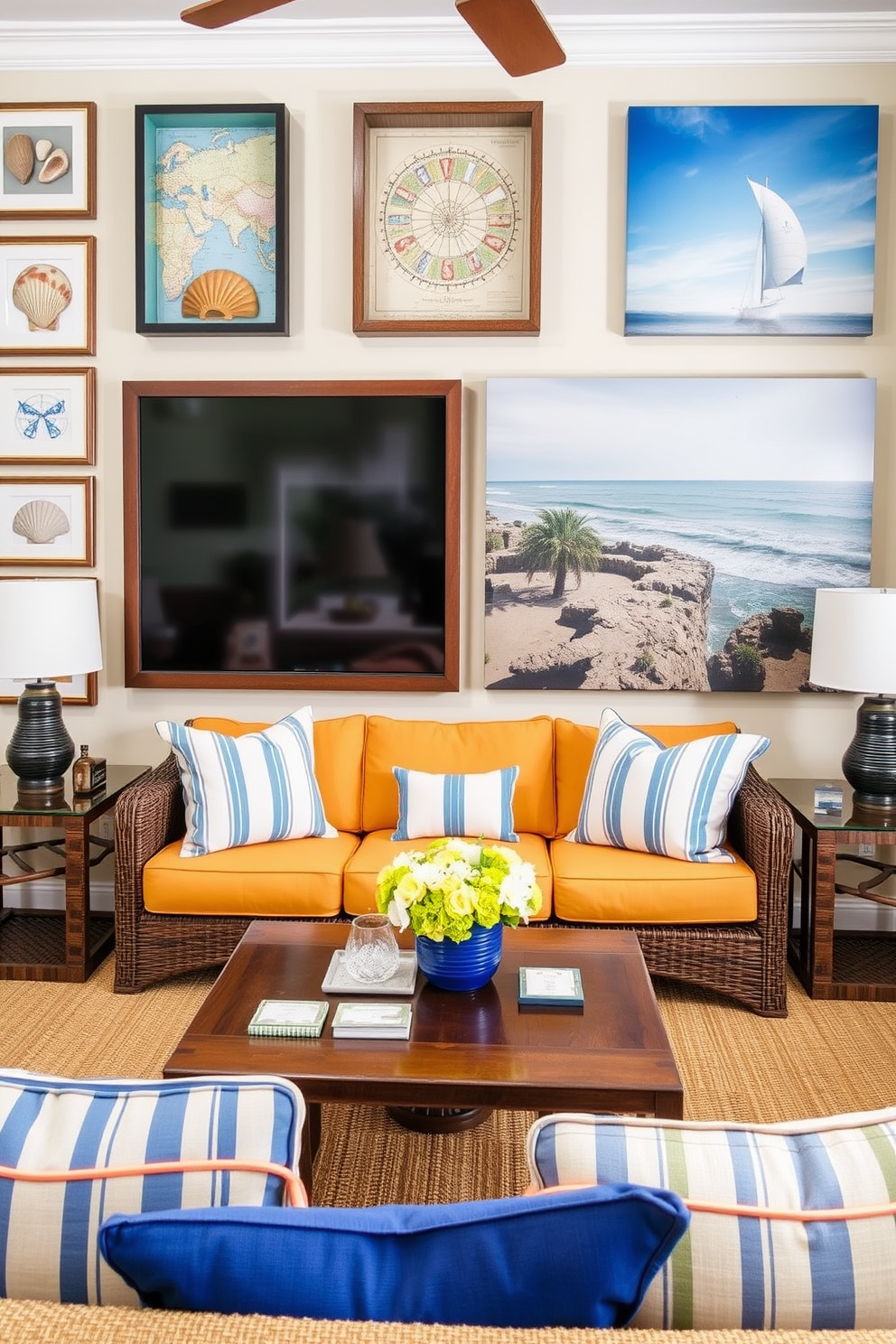 Nautical-themed wall art brings a refreshing coastal vibe to any space. Incorporate elements like framed vintage maps, seashells in shadow boxes, and large canvas prints of serene ocean scenes. For a summer home theater, focus on creating a relaxed yet stylish atmosphere. Use soft lighting, comfortable seating with bright cushions, and decor that reflects the laid-back essence of summer.