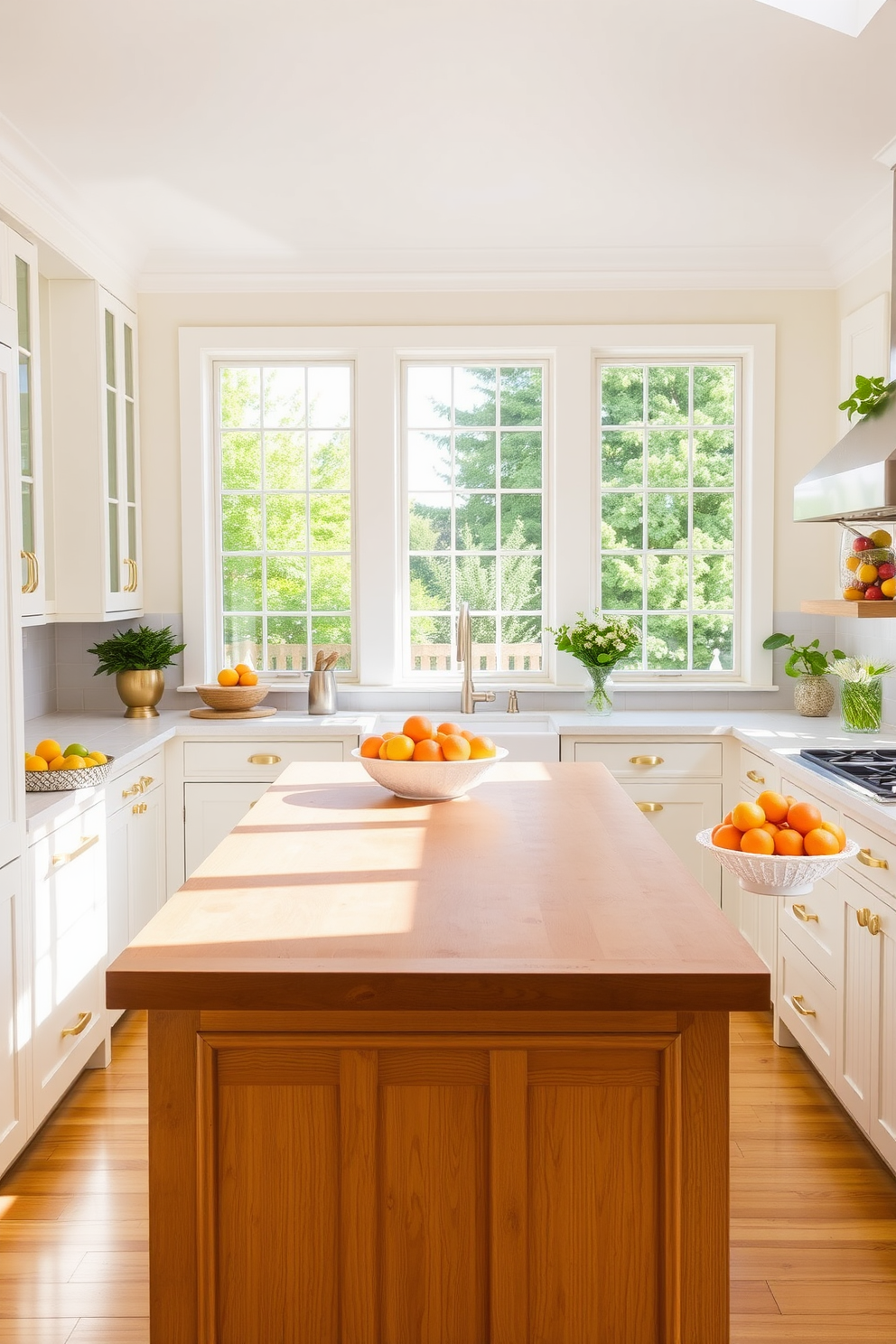 A bright and airy summer kitchen featuring a large wooden island at the center. The island is adorned with vibrant citrus fruit displays in various bowls, adding a pop of color to the space. The cabinetry is painted in a soft white, complemented by brass hardware that catches the light. Sunlight streams through large windows, illuminating the cheerful decor and creating a warm, inviting atmosphere.