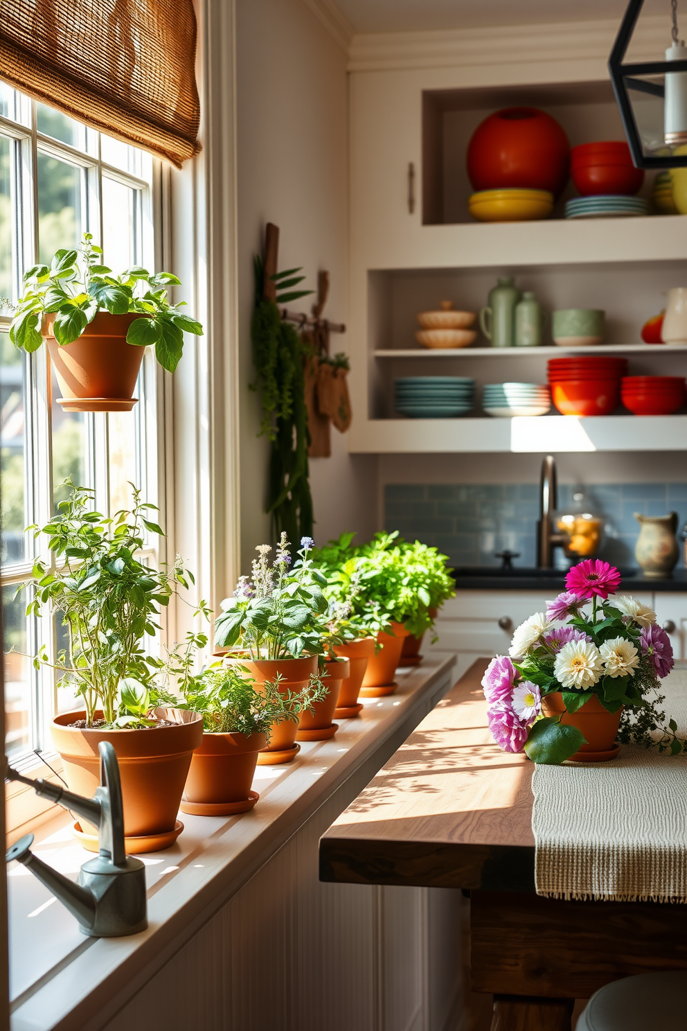 Create a vibrant herb garden on a sunlit windowsill featuring a variety of fresh herbs such as basil, thyme, and rosemary in stylish terracotta pots. The pots are arranged in a visually appealing manner, with a small watering can nearby and natural light streaming in, enhancing the greenery. Design a summer kitchen that embodies a relaxed and inviting atmosphere with light-colored cabinetry and open shelving displaying colorful dishware. Incorporate a large farmhouse sink and a rustic wooden dining table adorned with a cheerful table runner and fresh flowers for a touch of elegance.