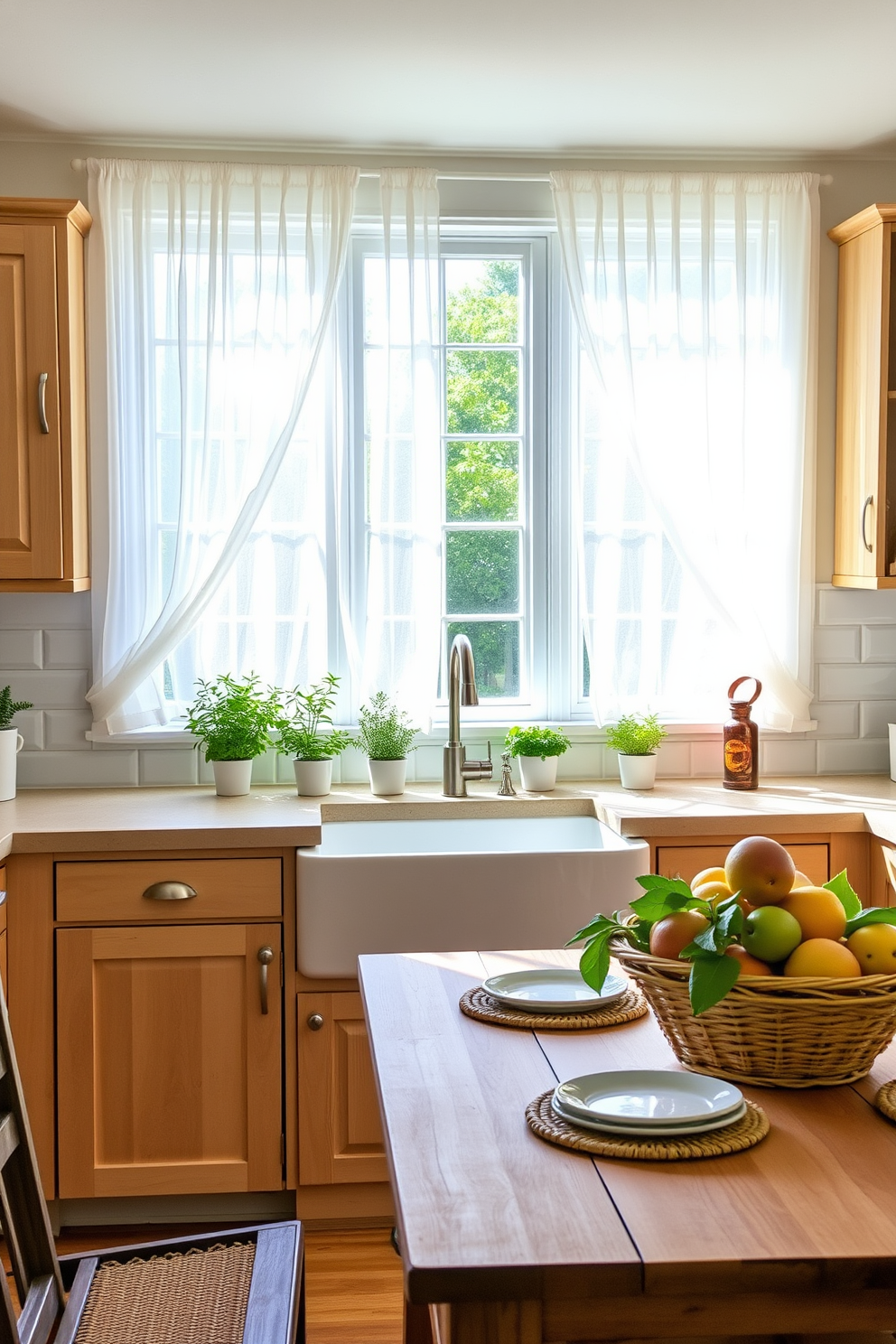 A bright and airy summer kitchen featuring sheer white curtains that allow natural light to flood the space. The kitchen is adorned with light wood cabinets and a large farmhouse sink, complemented by a rustic wooden dining table set for casual meals. Fresh herbs in small pots are placed on the windowsill, adding a touch of greenery and fragrance. The countertops are decorated with colorful fruits in a woven basket, enhancing the inviting atmosphere of the kitchen.