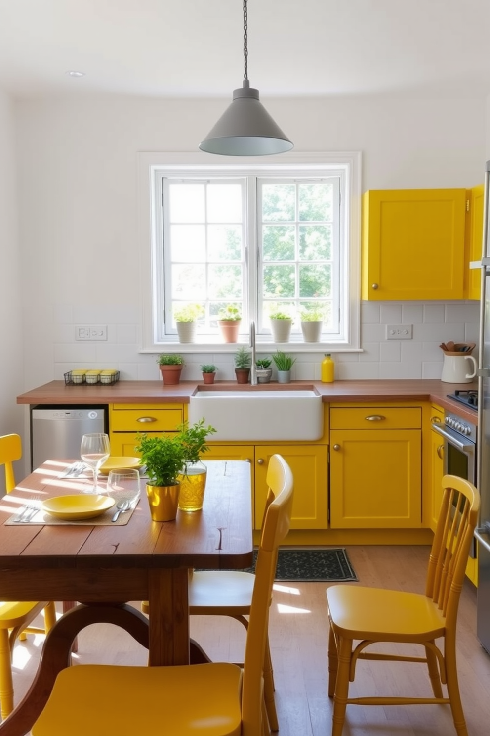 A charming summer kitchen filled with natural light. The walls are painted in a soft white, while the cabinets are a cheerful yellow that adds warmth to the space. A large farmhouse sink is positioned under a window, surrounded by fresh herbs in small pots. A wooden dining table with yellow accents is set for a casual meal, complemented by vibrant tableware.